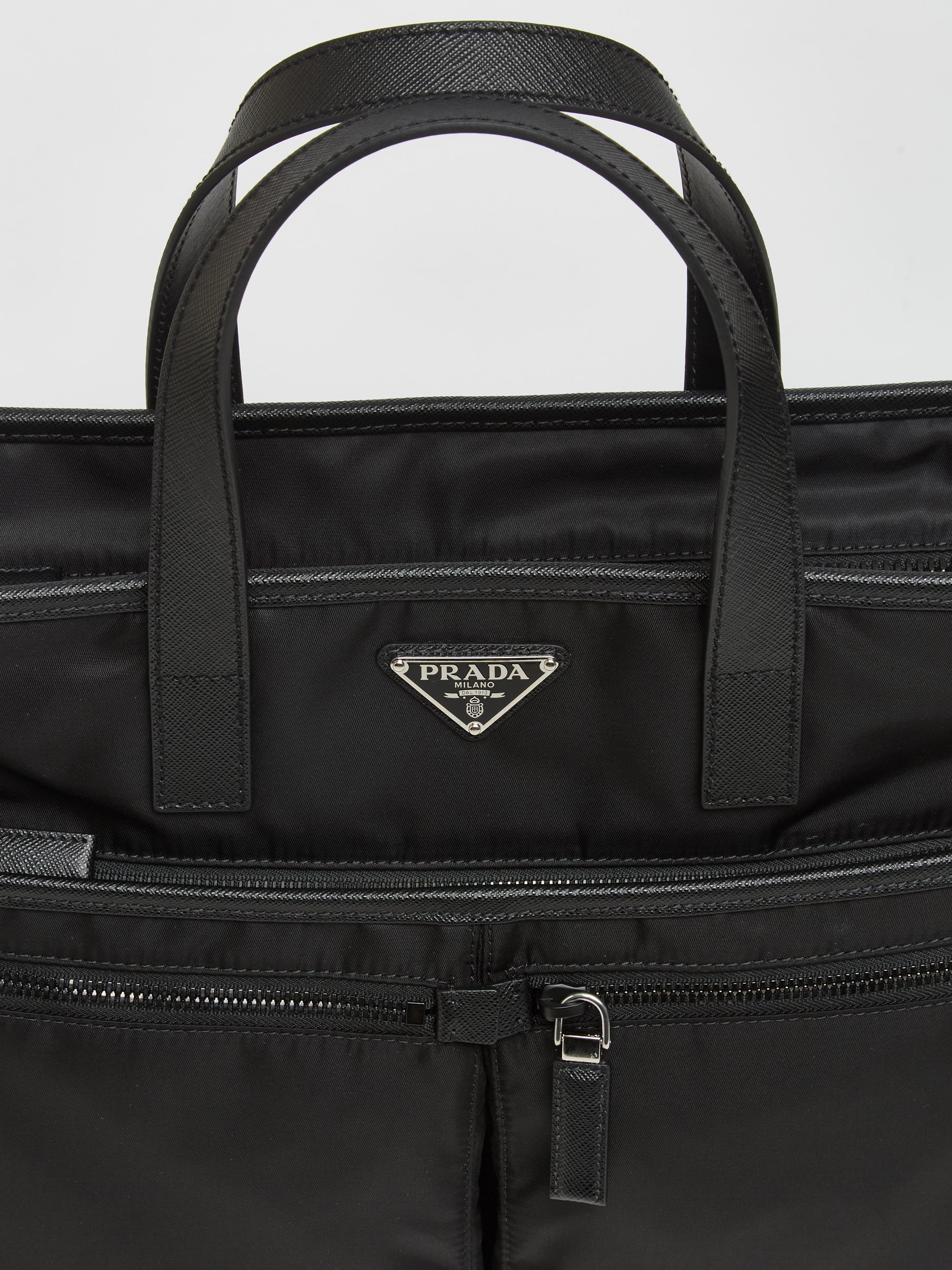 Re-Nylon and Saffiano Leather Tote Bag in Black