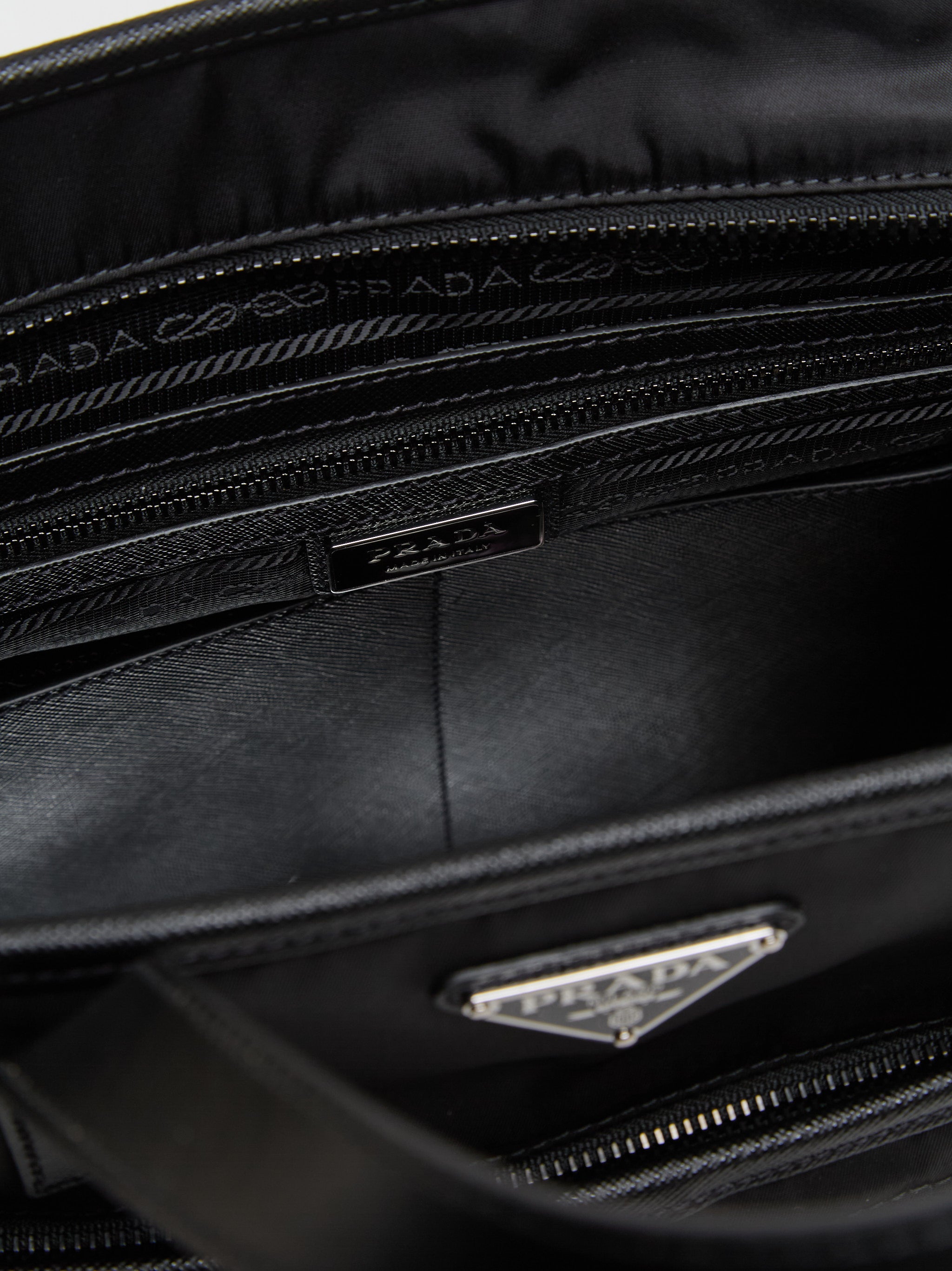 Re-Nylon and Saffiano Leather Tote Bag in Black
