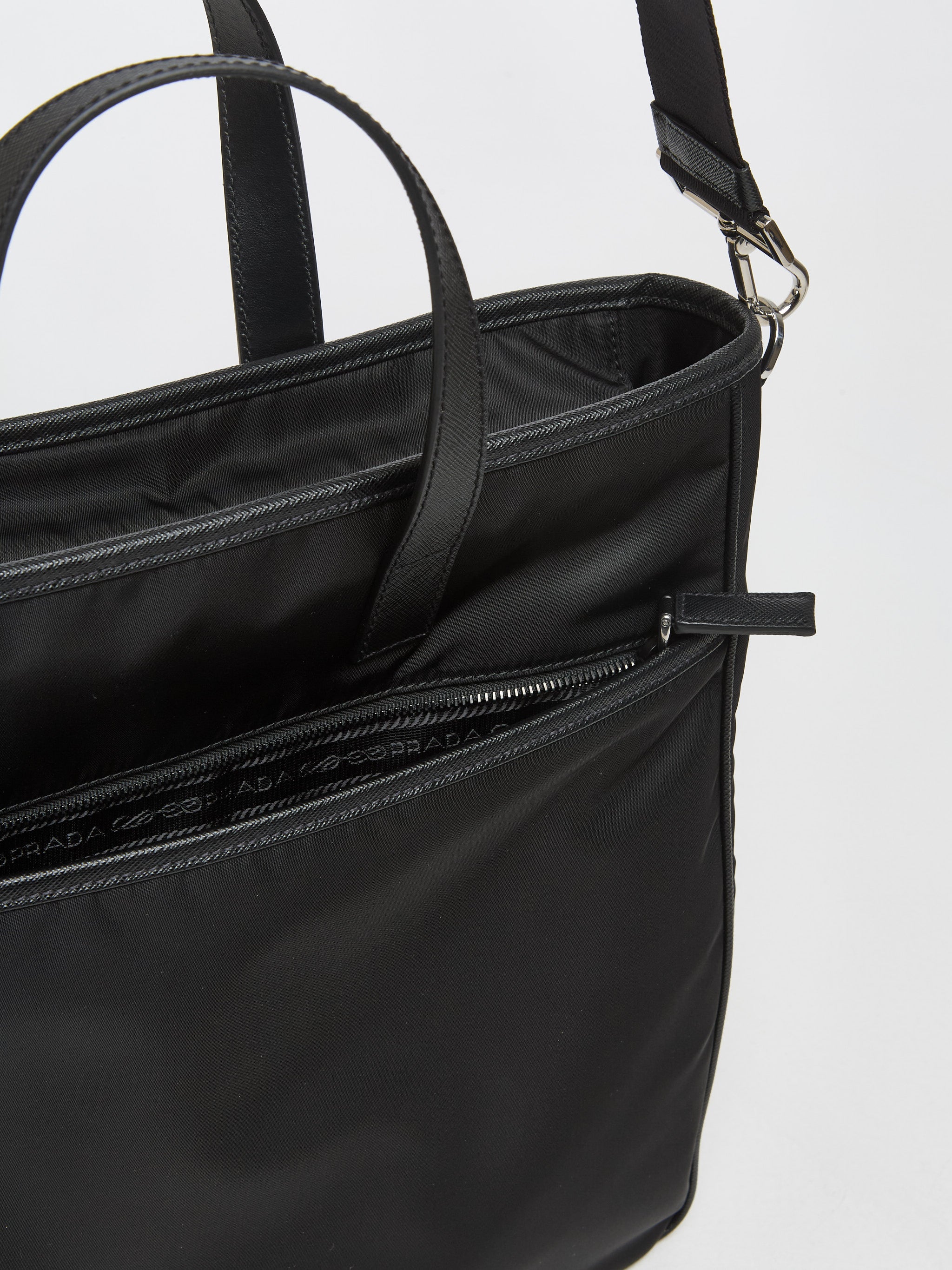 Re-Nylon and Saffiano Leather Tote Bag in Black