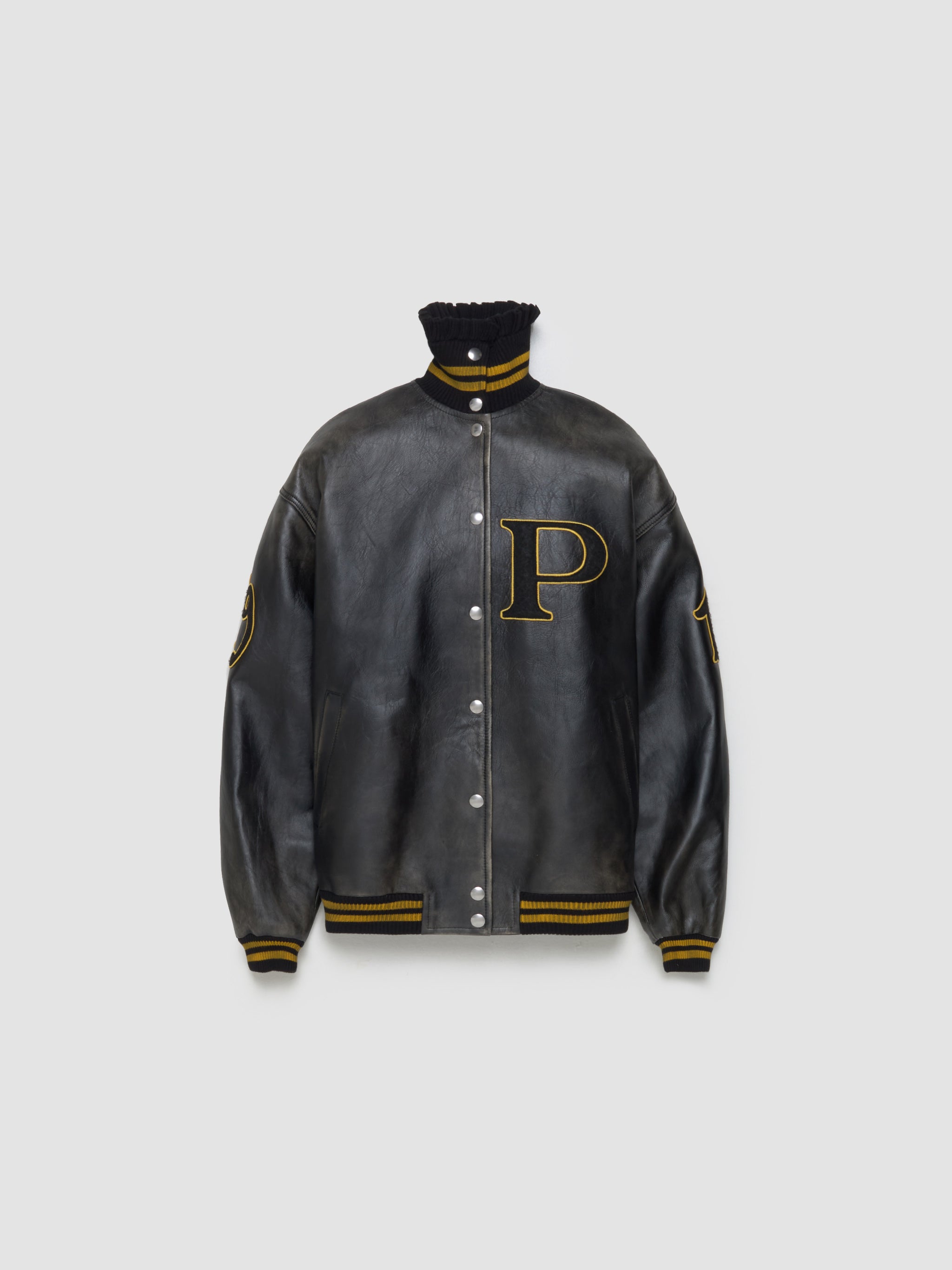 Leather Bomber Jacket with Patch in Black