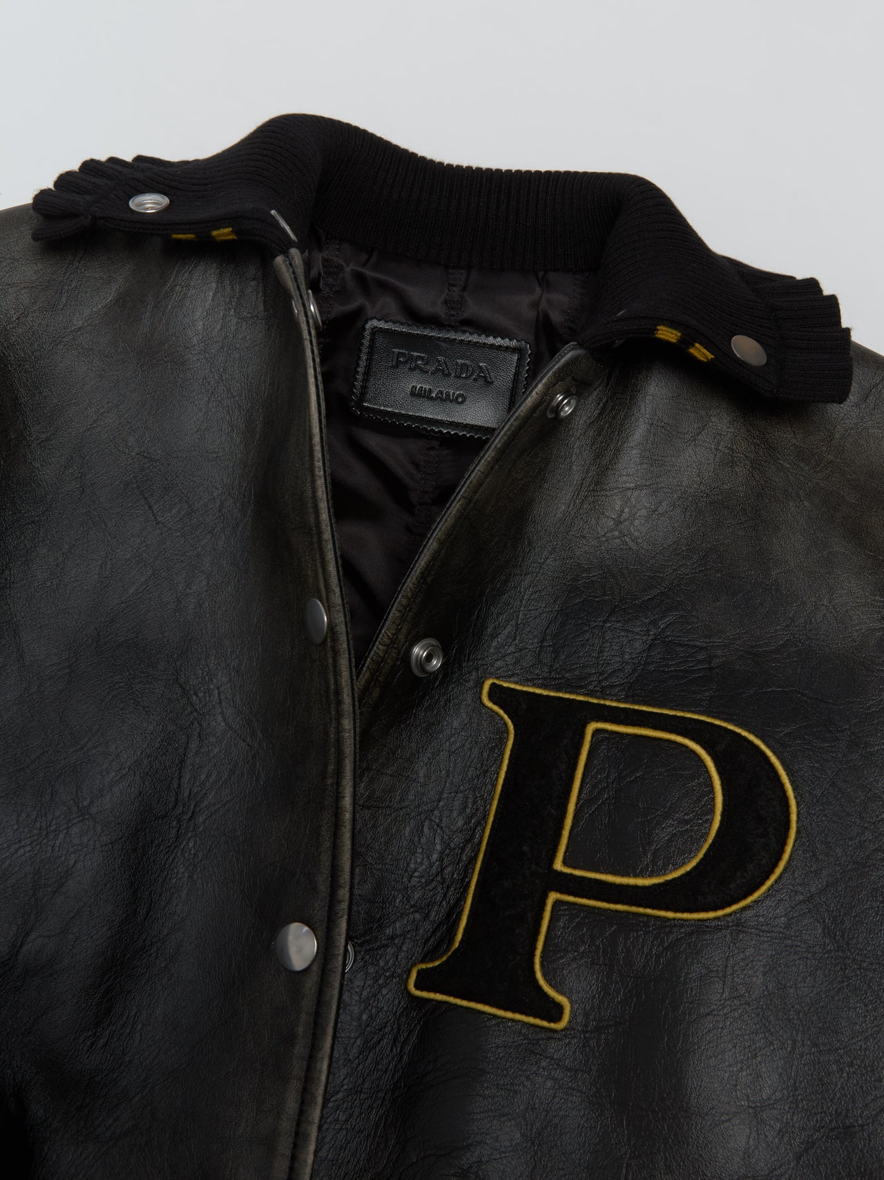 Leather Bomber Jacket with Patch in Black