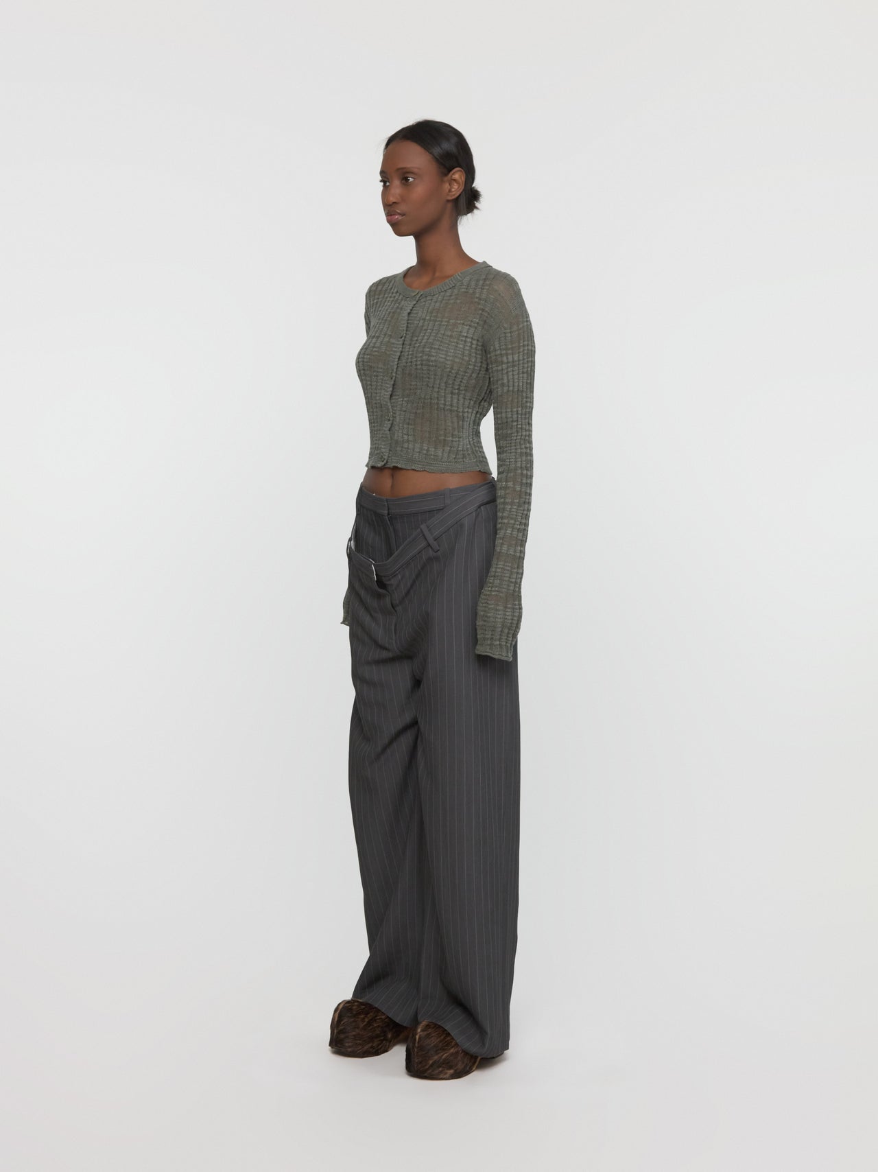 Deconstructed Pinstripe Trousers in Grey Melange