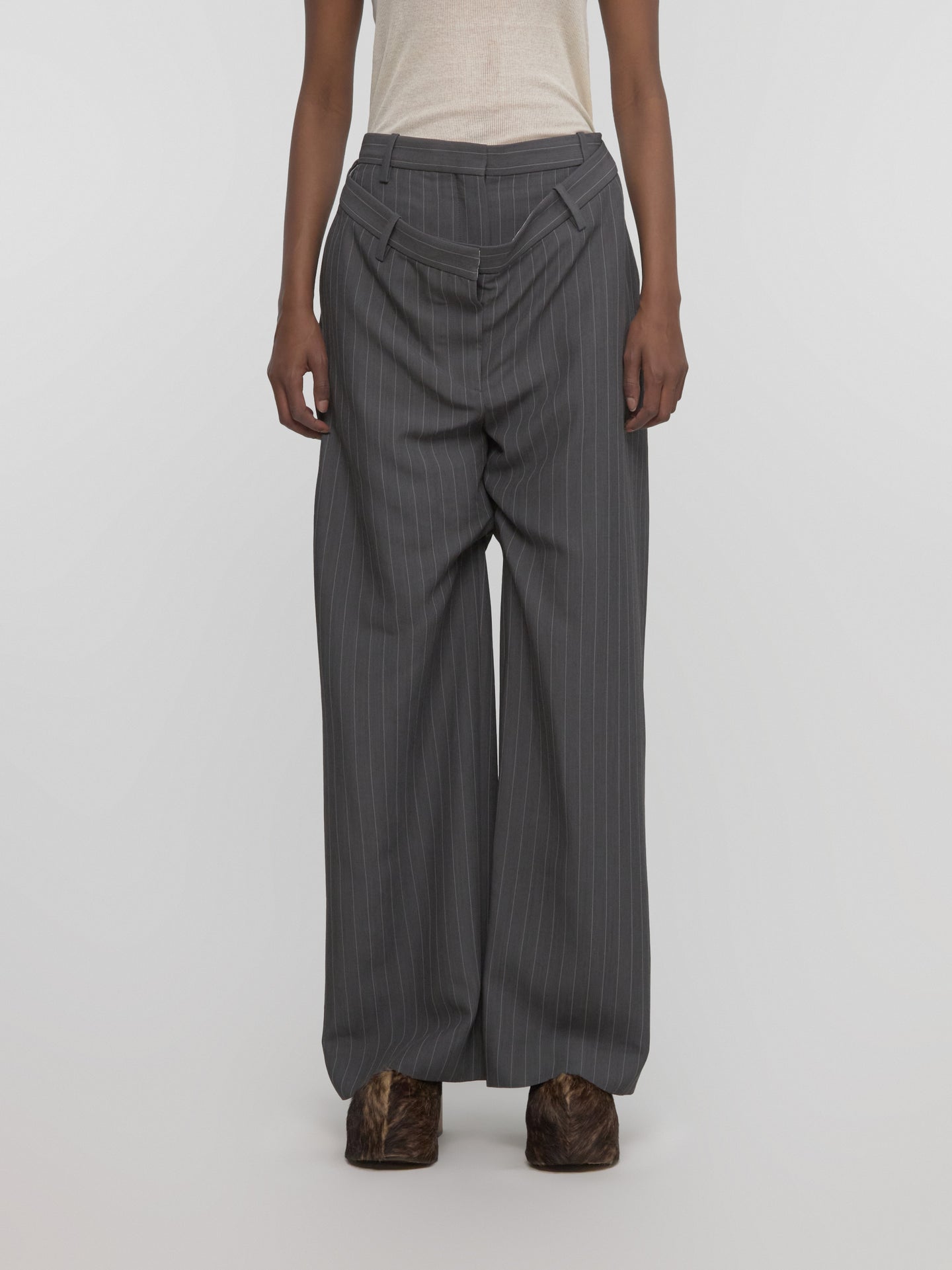 Deconstructed Pinstripe Trousers in Grey Melange