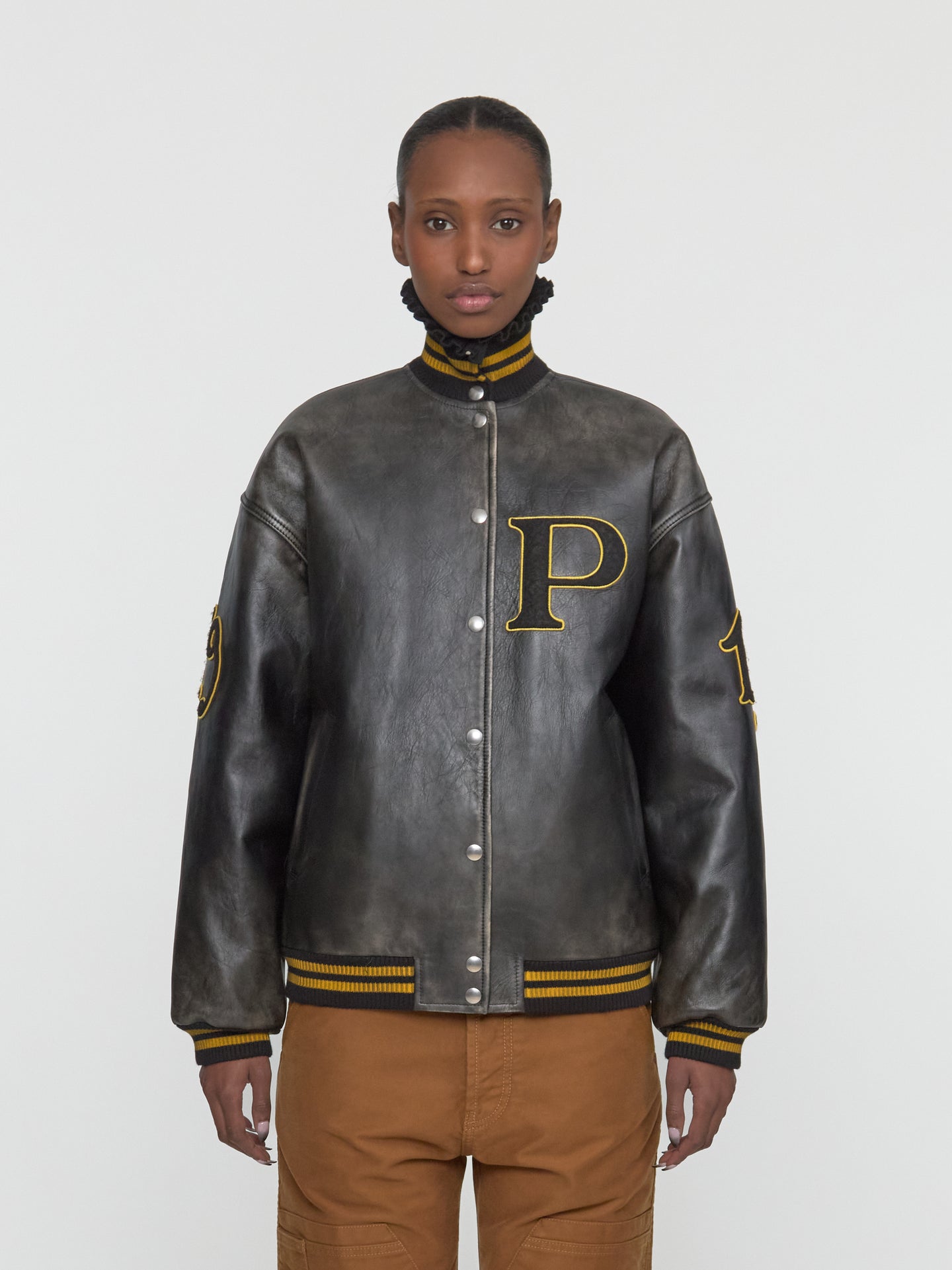 Leather Bomber Jacket with Patch in Black