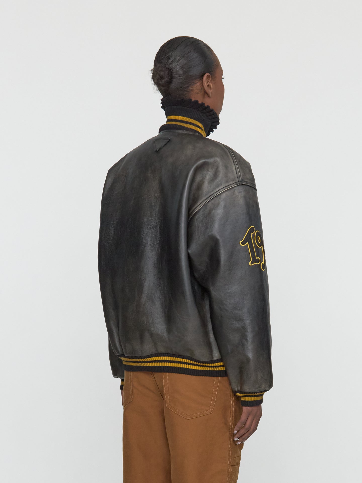 Leather Bomber Jacket with Patch in Black