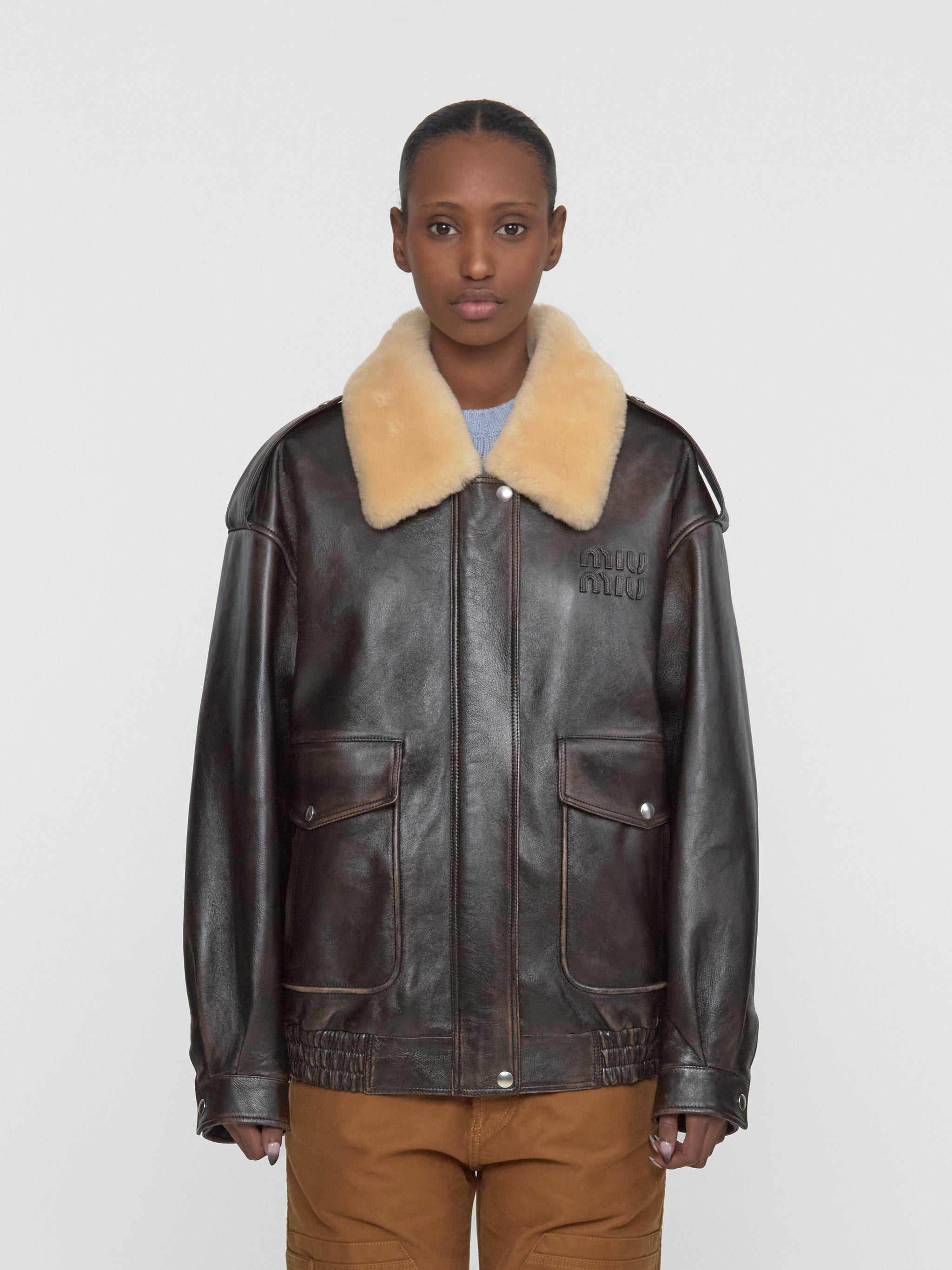 Nappa Leather Bomber Jacket in Coffee