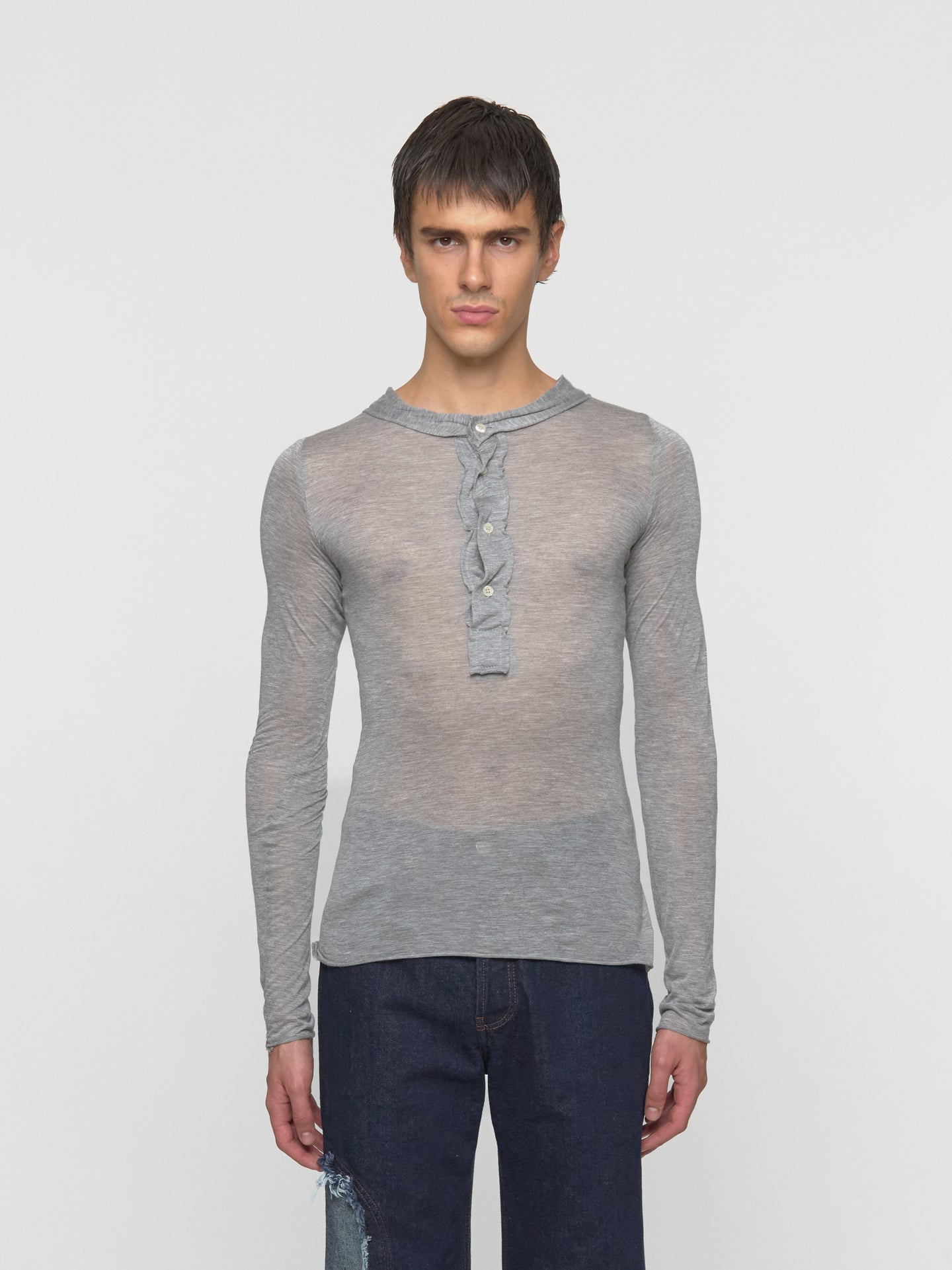 Raw Stack Long Sleeve Henley T-Shirt in Grey Marl