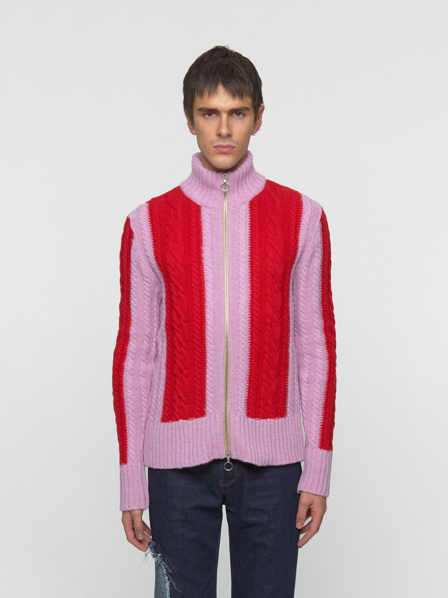 Aaron Zip-Up Knit Jacket in Pink & Red