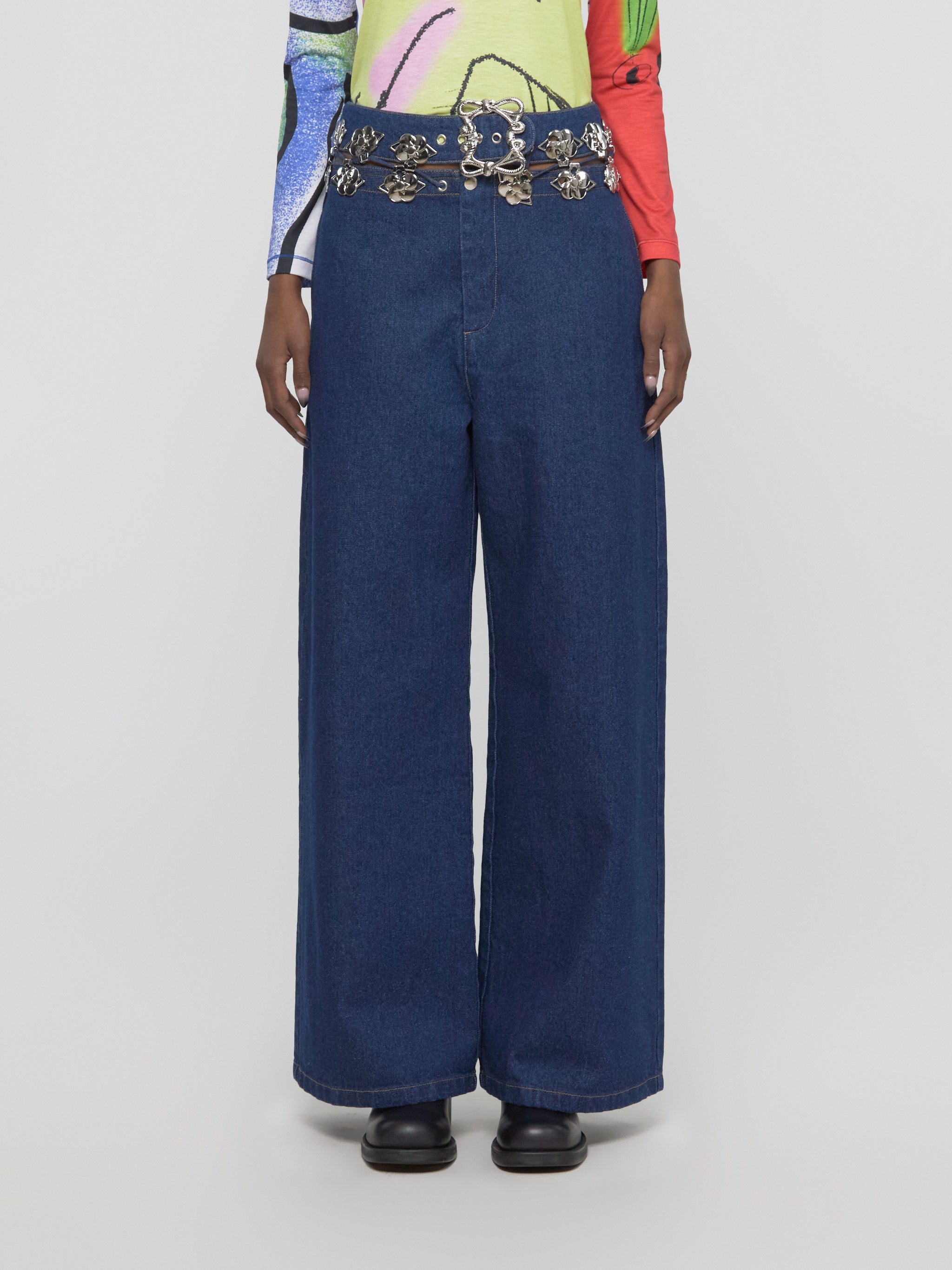 Carabiner Wide Leg Denim Trousers in Blue