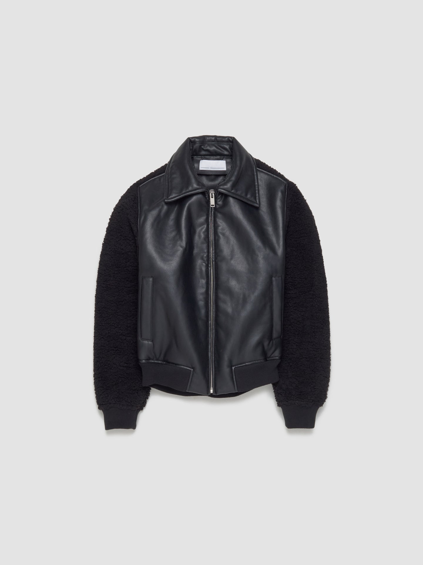 Faux Shearling Leather Bomber Jacket in Black