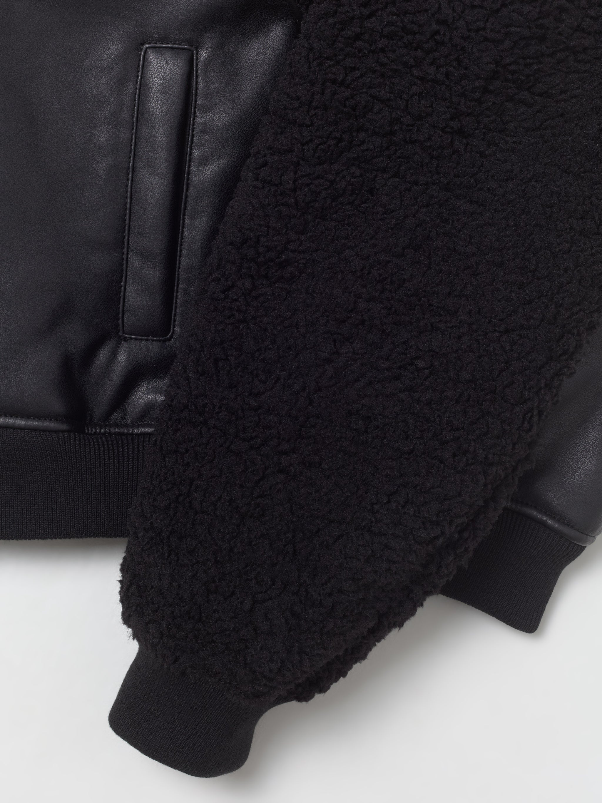 Faux Shearling Leather Bomber Jacket in Black