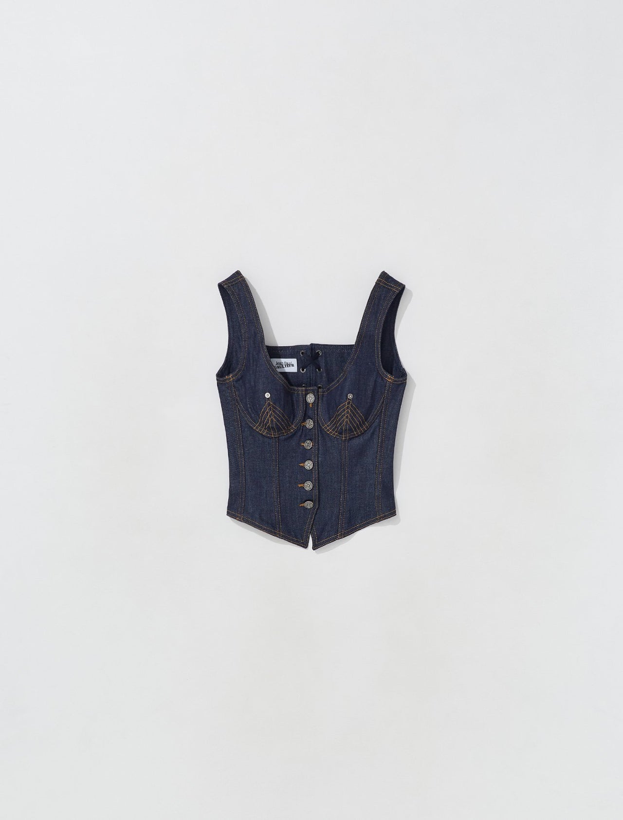 Denim Corset with Stitching Detail in Indigo