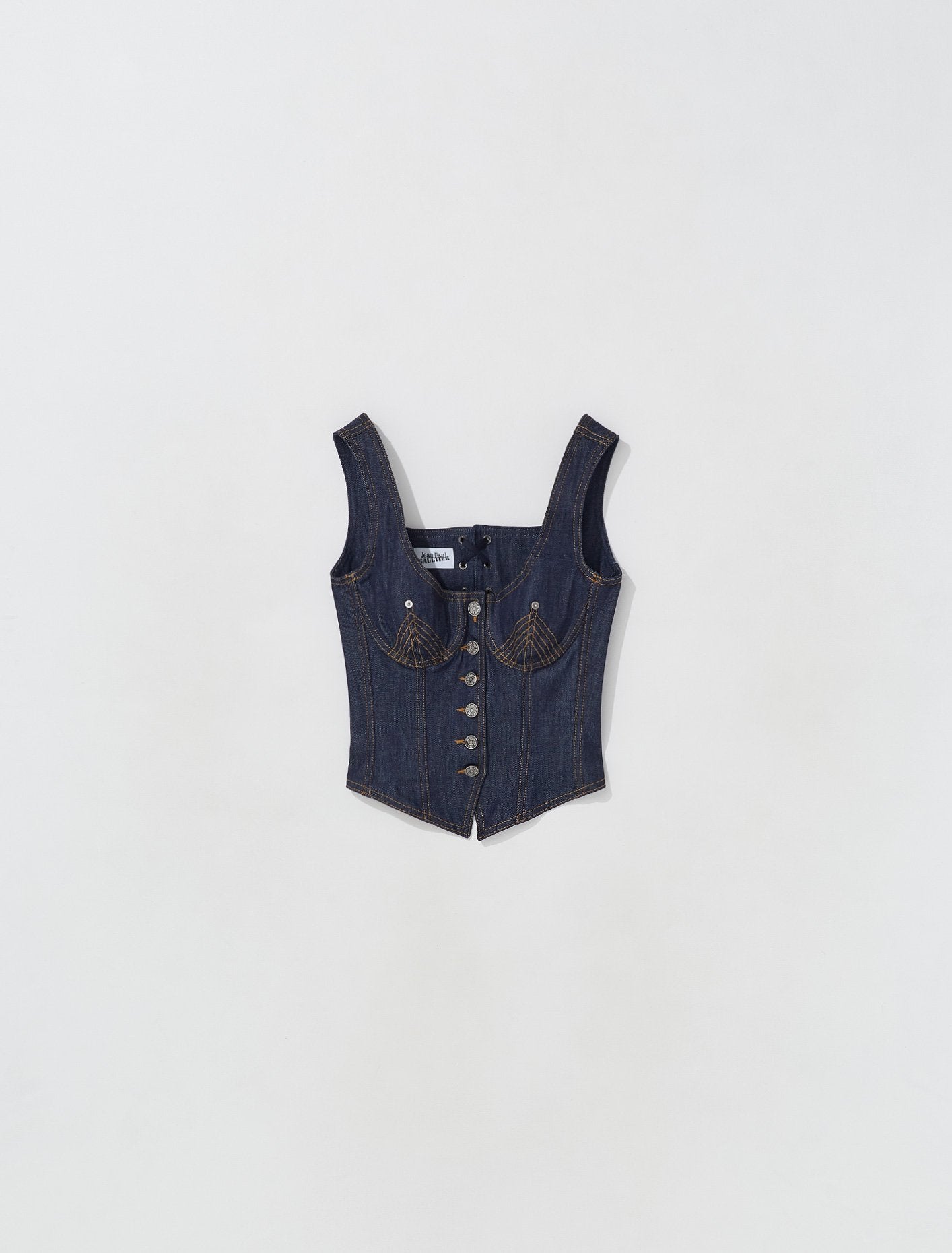 Denim Corset with Stitching Detail in Indigo