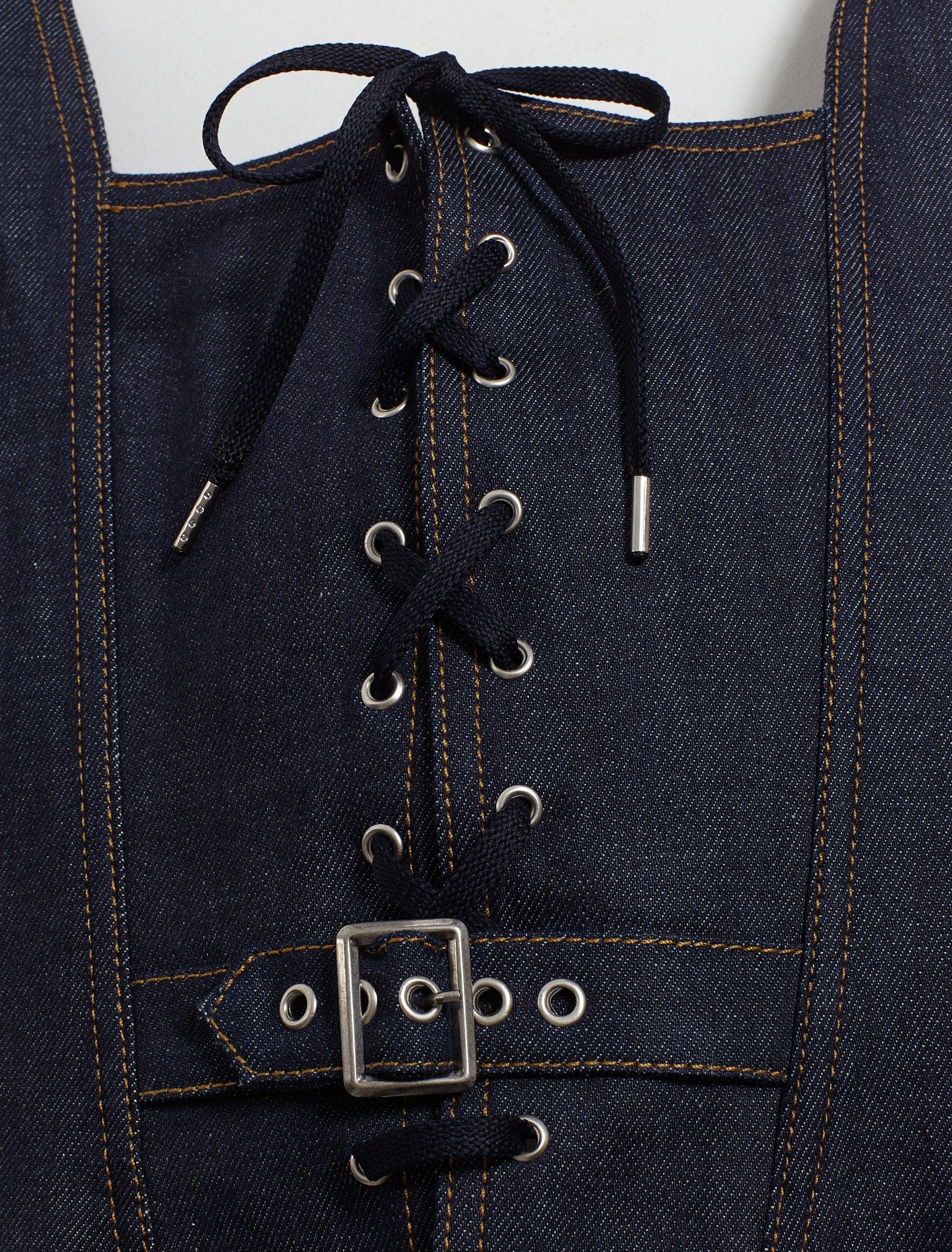 Denim Corset with Stitching Detail in Indigo