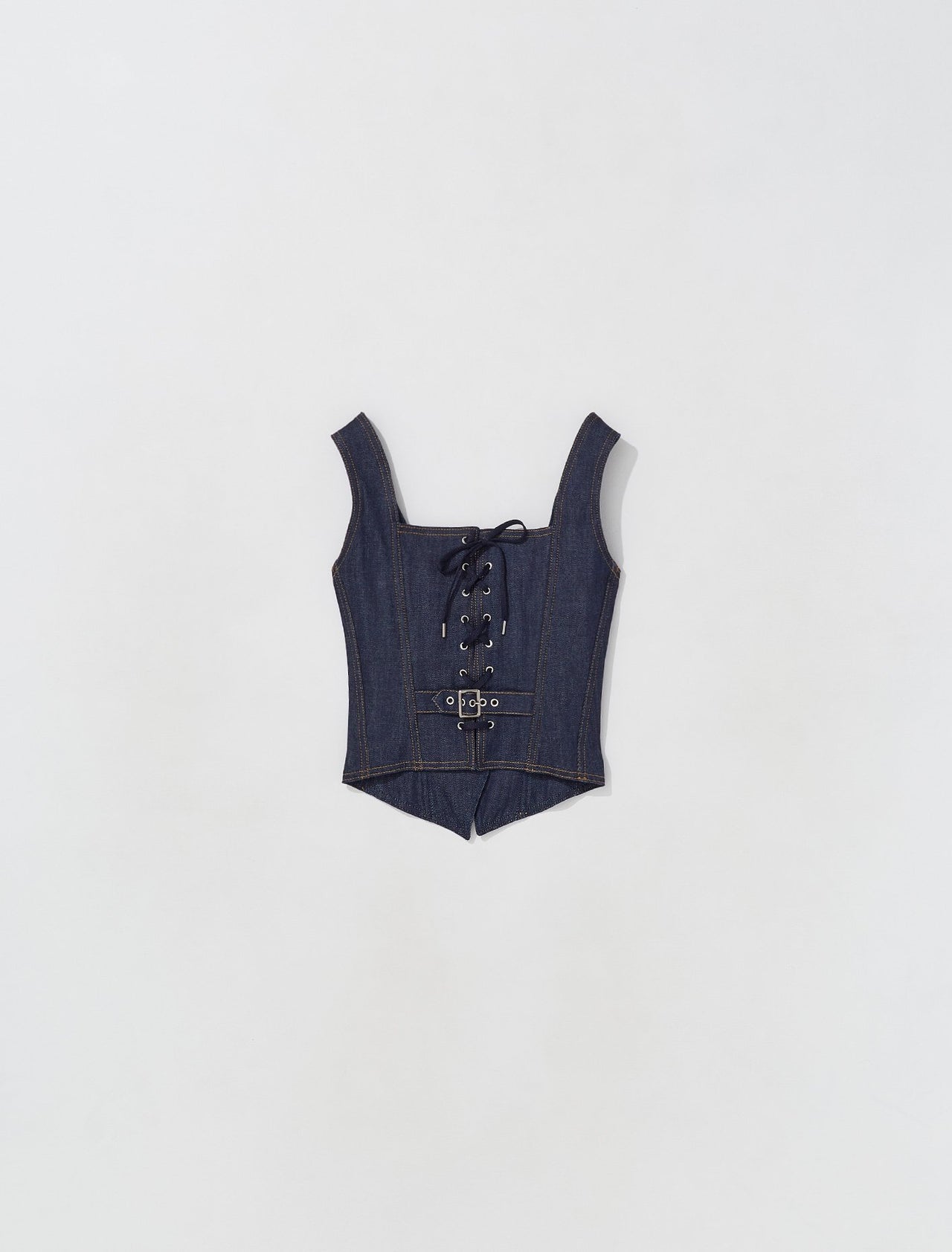 Denim Corset with Stitching Detail in Indigo