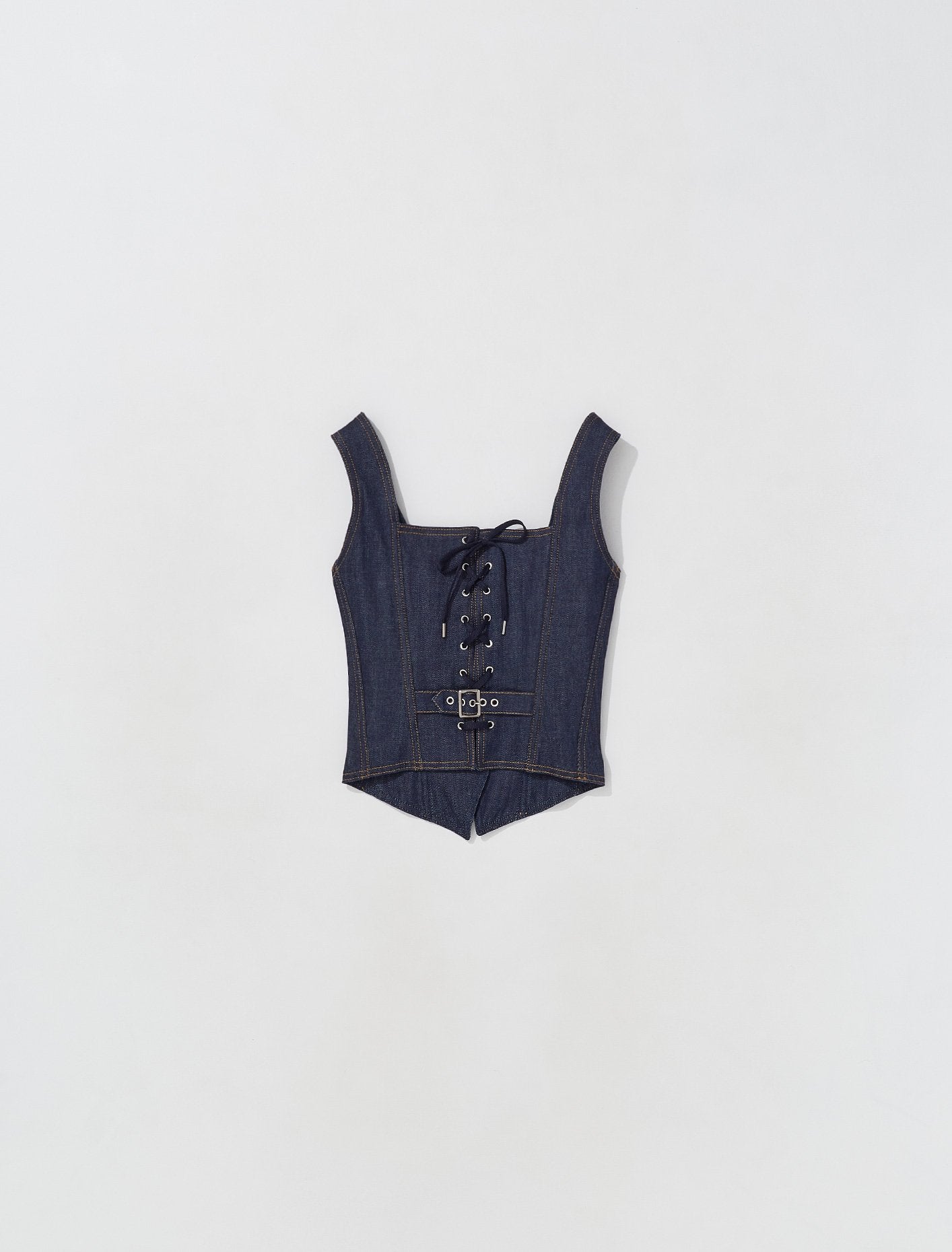 Denim Corset with Stitching Detail in Indigo