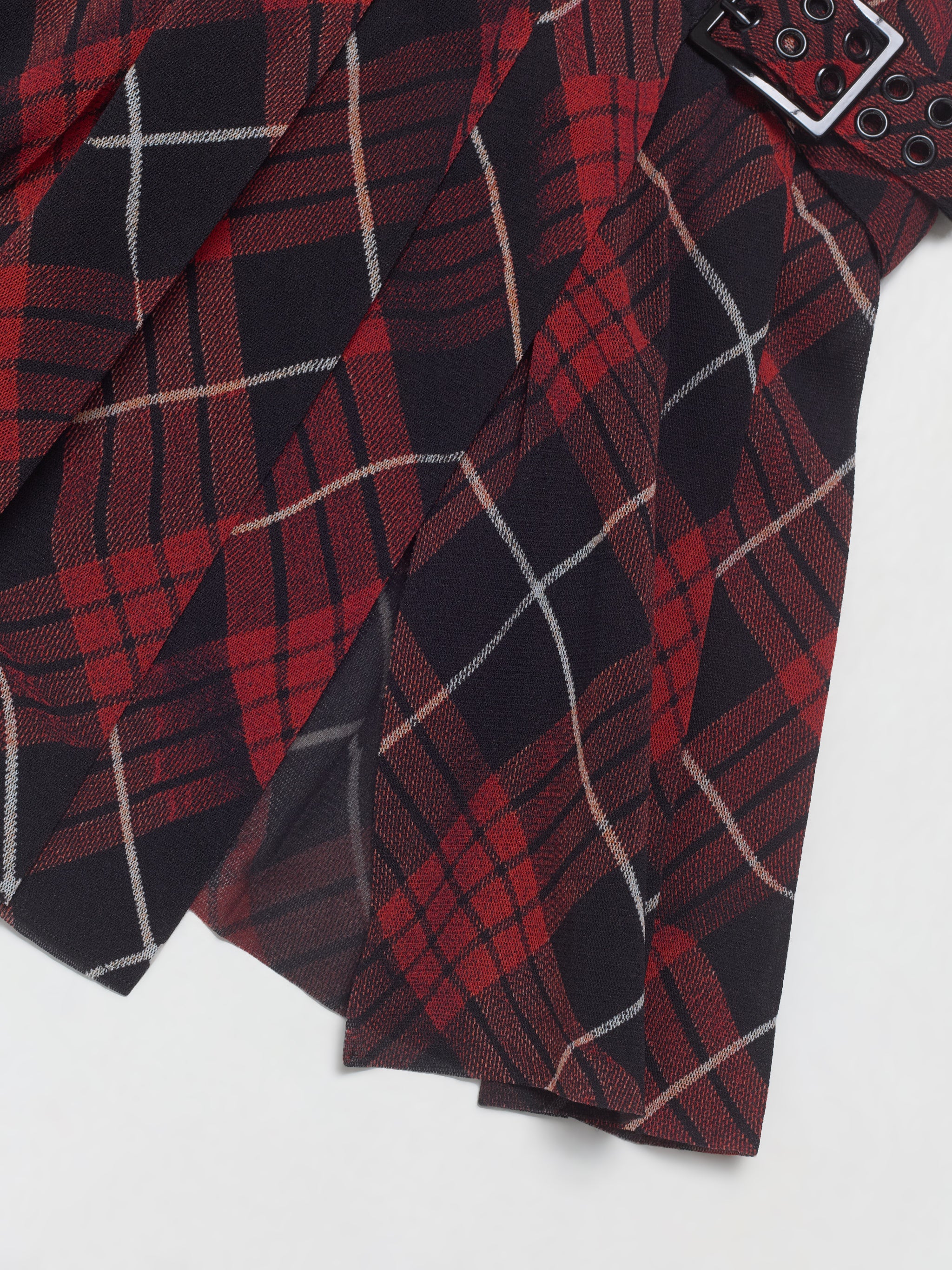 Distorted Tartan Pleated Mesh Skirt in Red