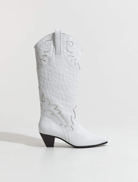 By Far - Melvin Croco Lizard Leather Boots in Optic White
