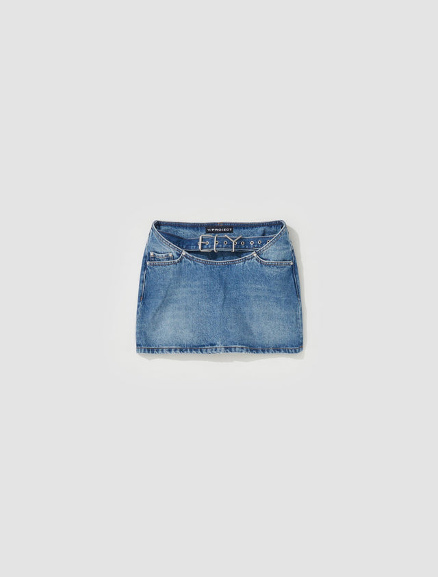 Y Belt Arc Denim Mini Skirt in Faded Blue