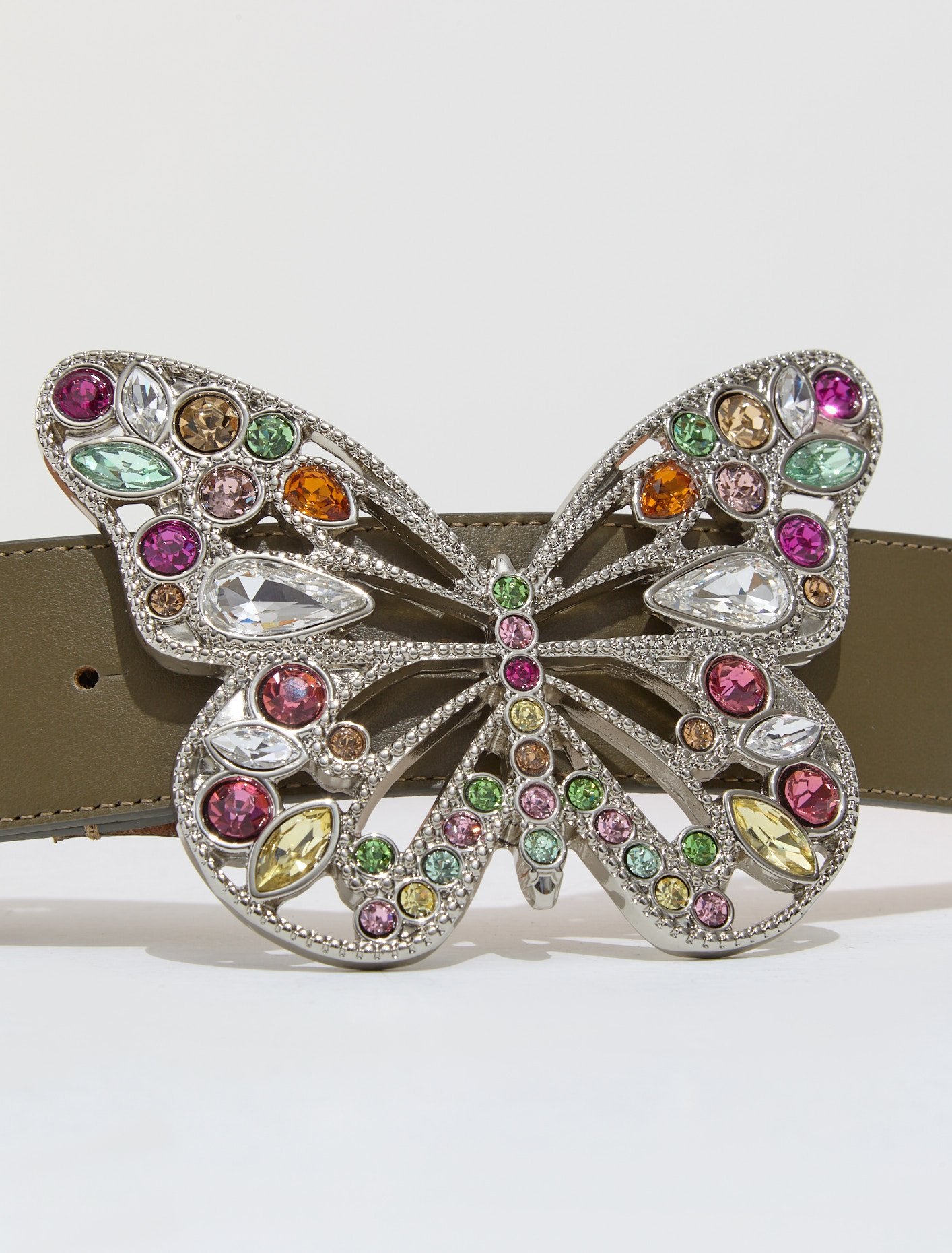 Leather Belt with Butterfly Buckle in Khaki