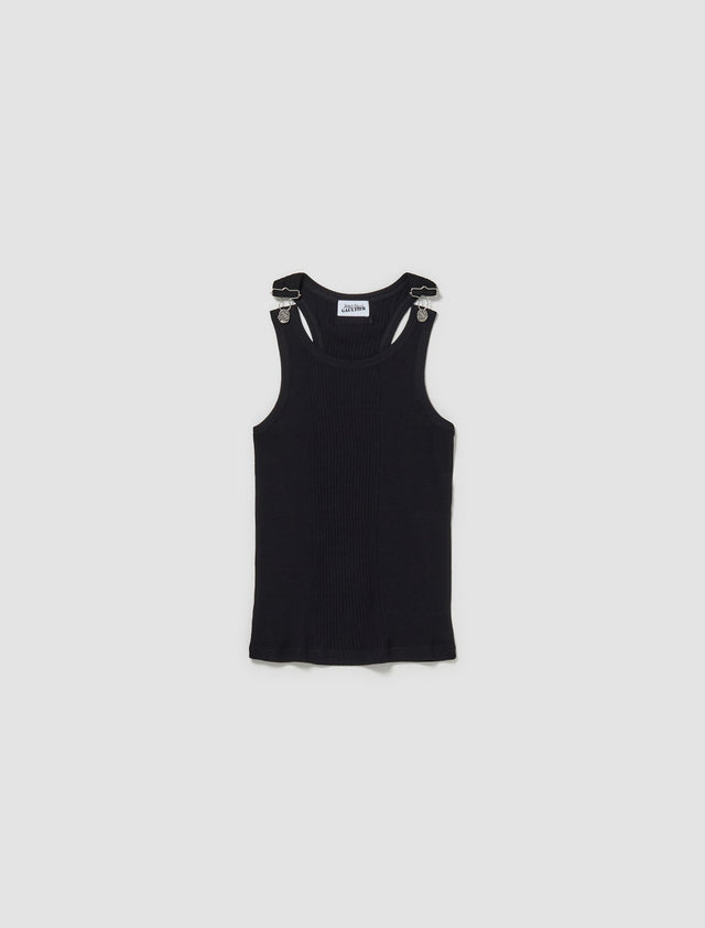 Ribbed Tank Top With Overall Buckles in Black