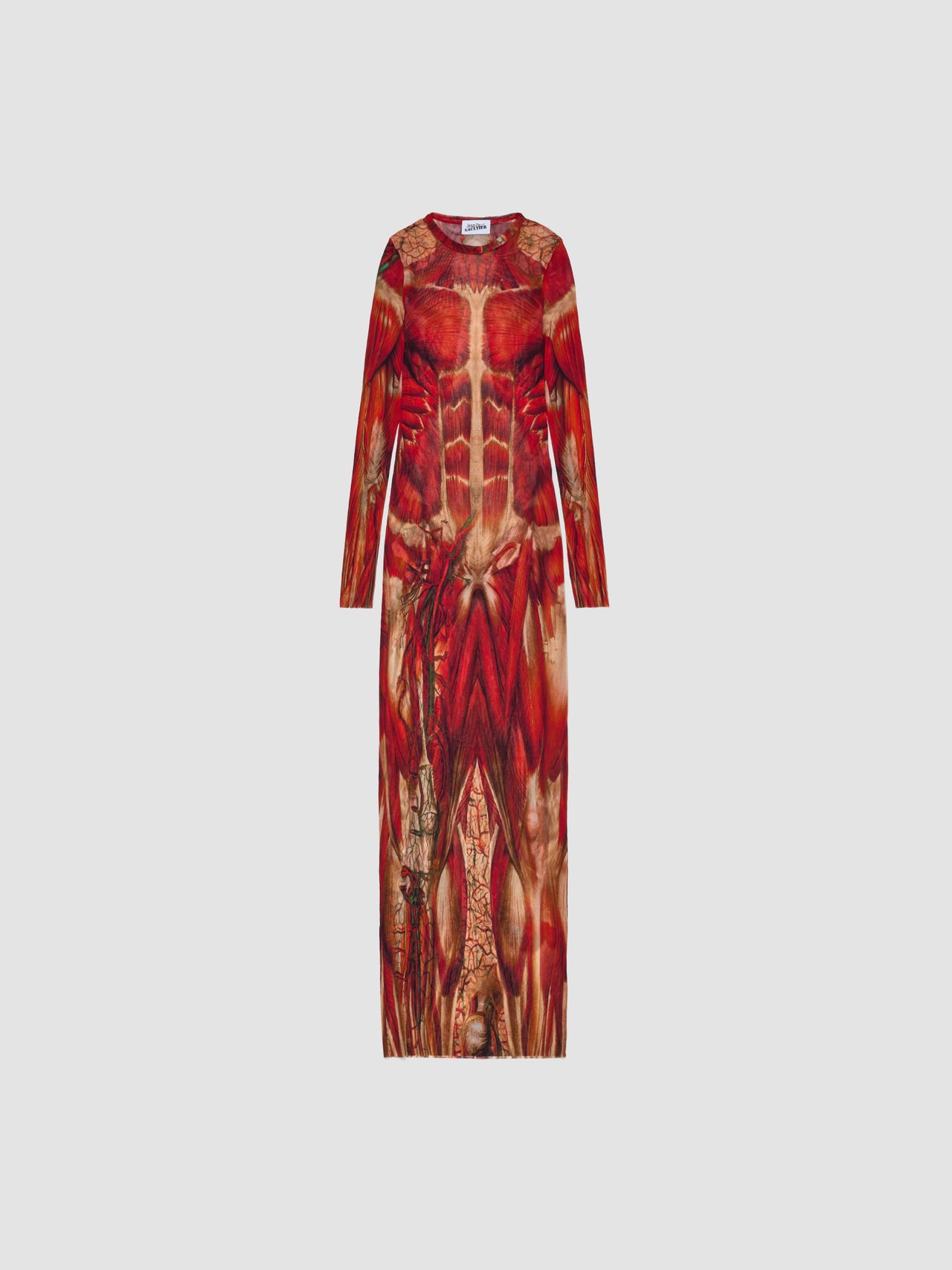 Ecorche Mesh Printed Long Dress in Red & Orange