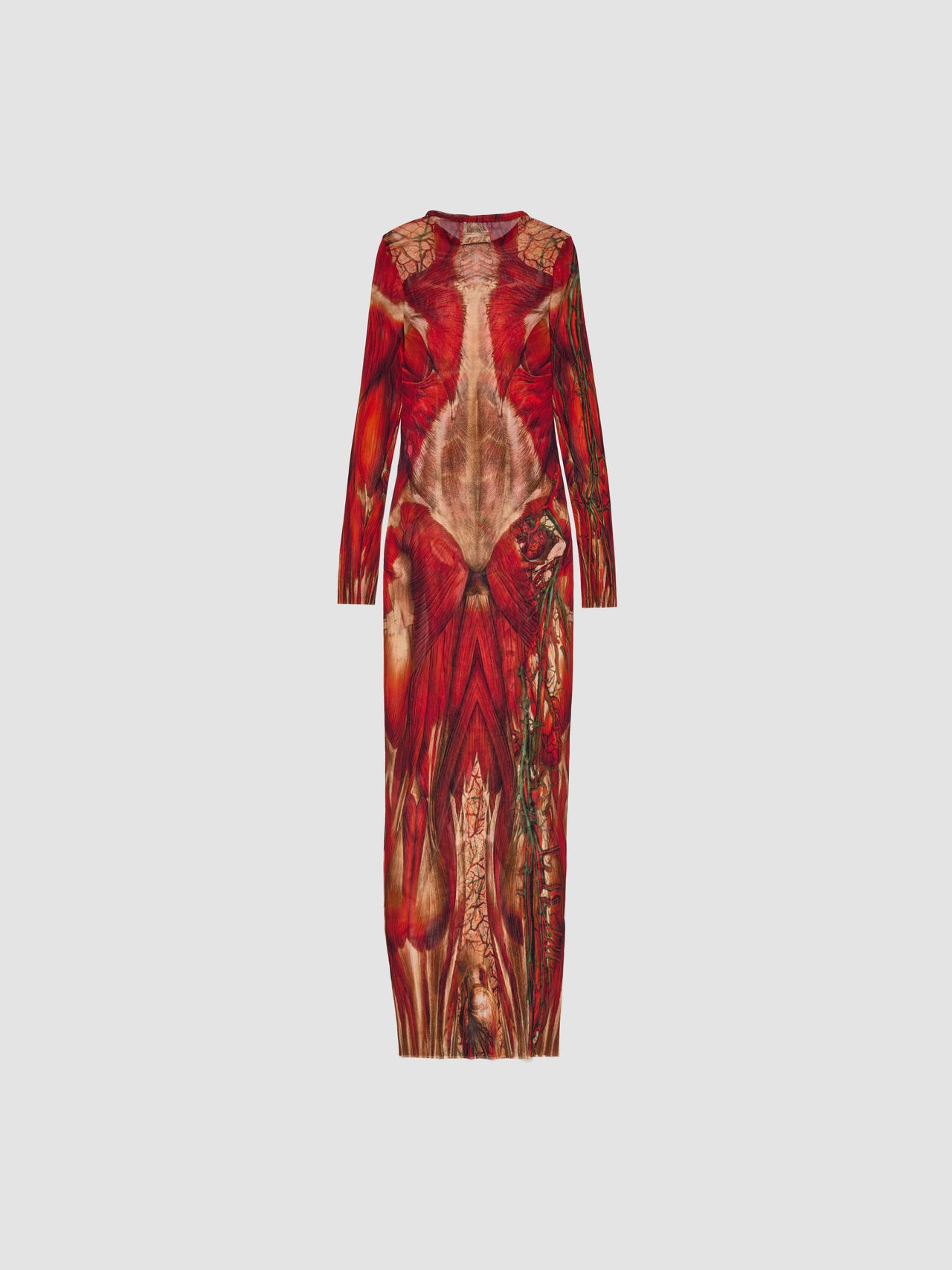 Ecorche Mesh Printed Long Dress in Red & Orange