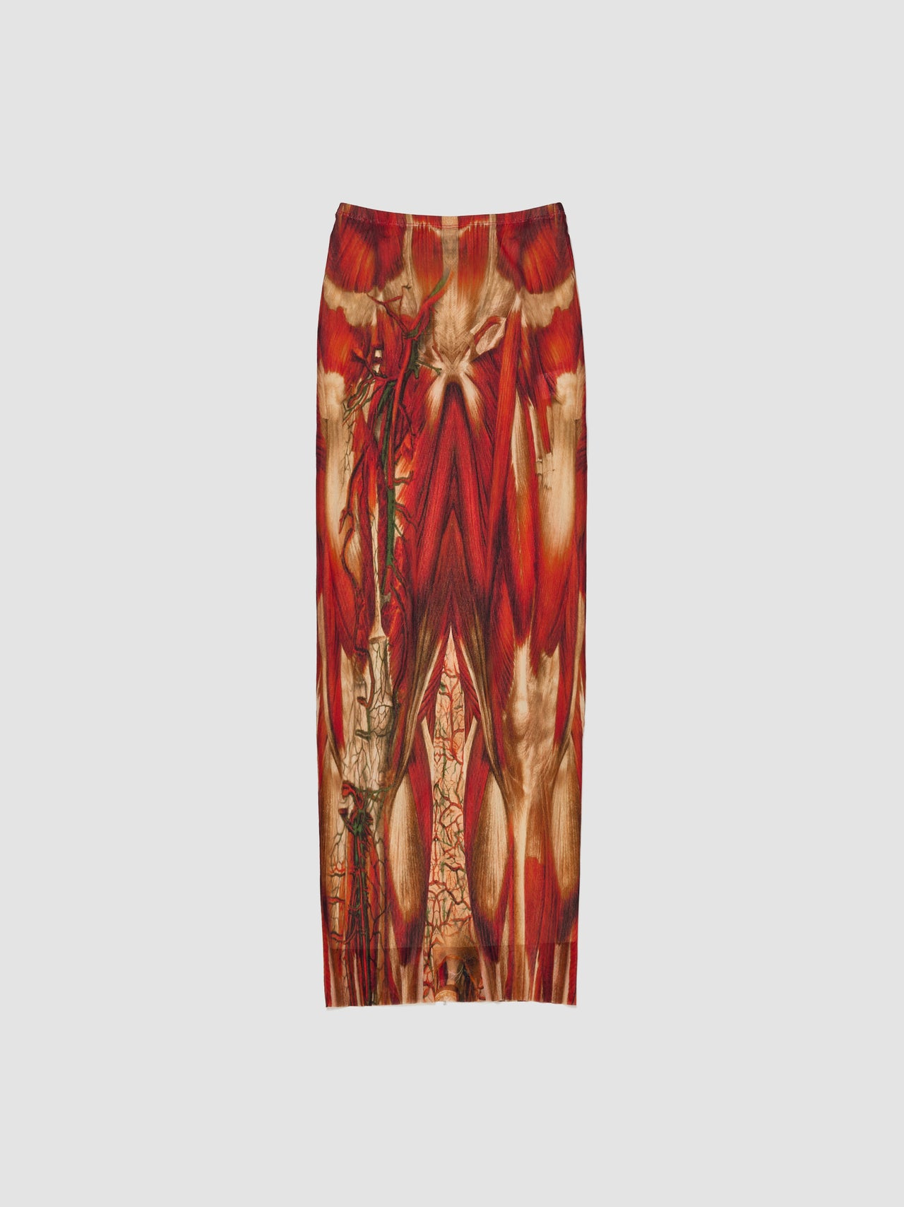 Ecorche Mesh Printed Long Skirt in Red & Orange