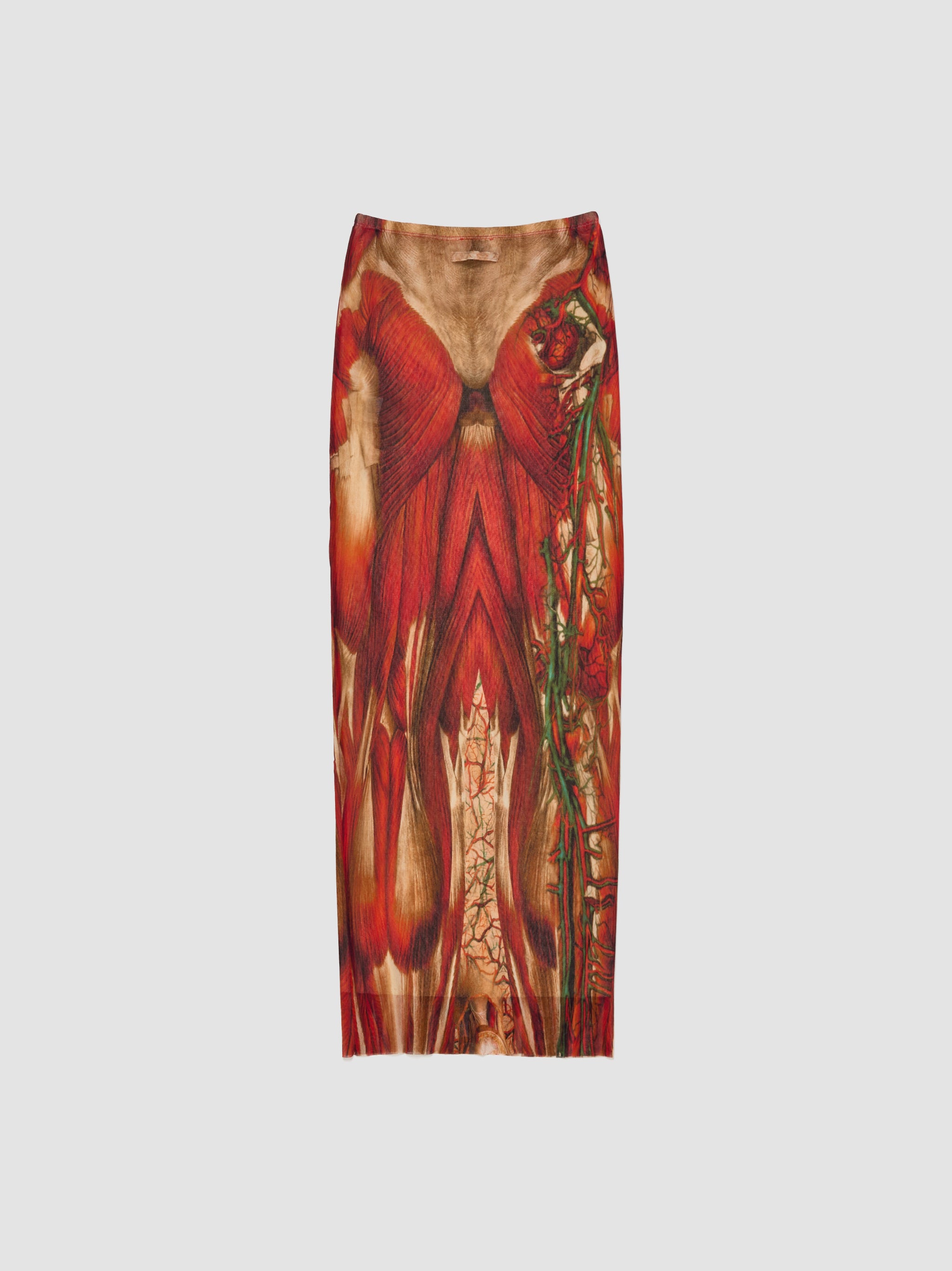 Ecorche Mesh Printed Long Skirt in Red & Orange