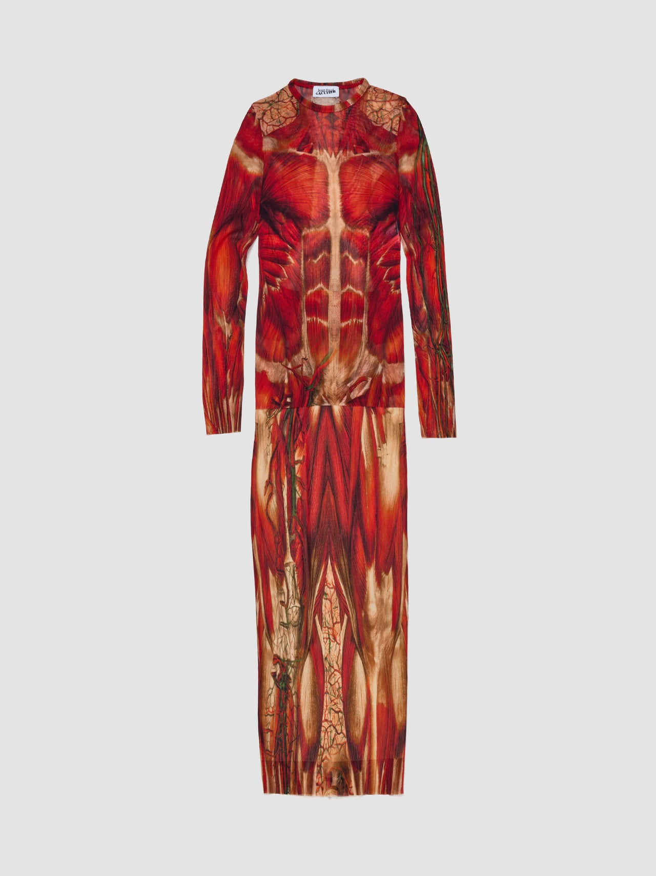 Ecorche Mesh Printed Long Skirt in Red & Orange