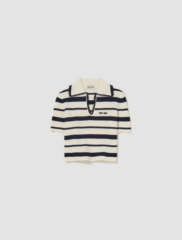 Cotton Knit Polo Shirt in White & Navy