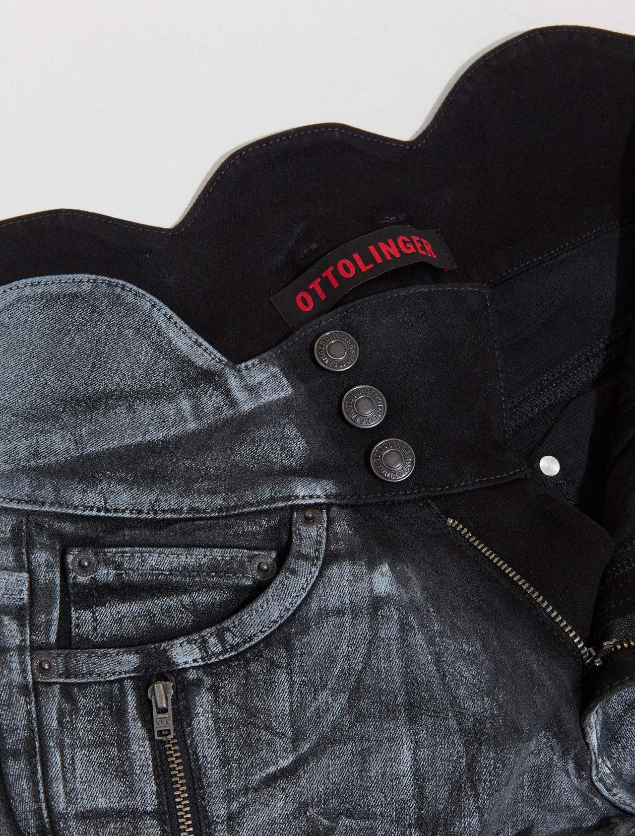 Big Waistband Drape Denim Pants in Black & White Paint