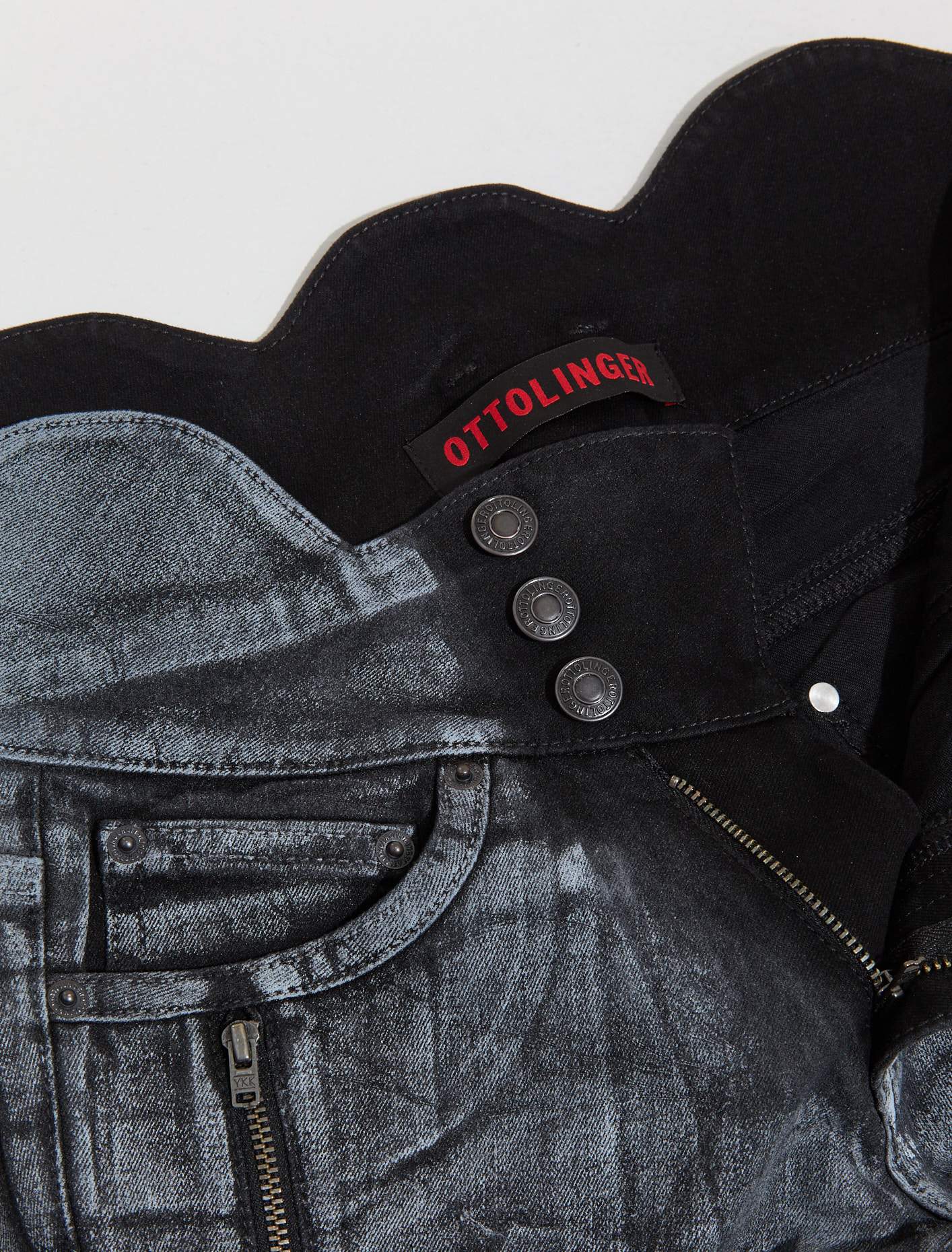 Big Waistband Drape Denim Pants in Black & White Paint