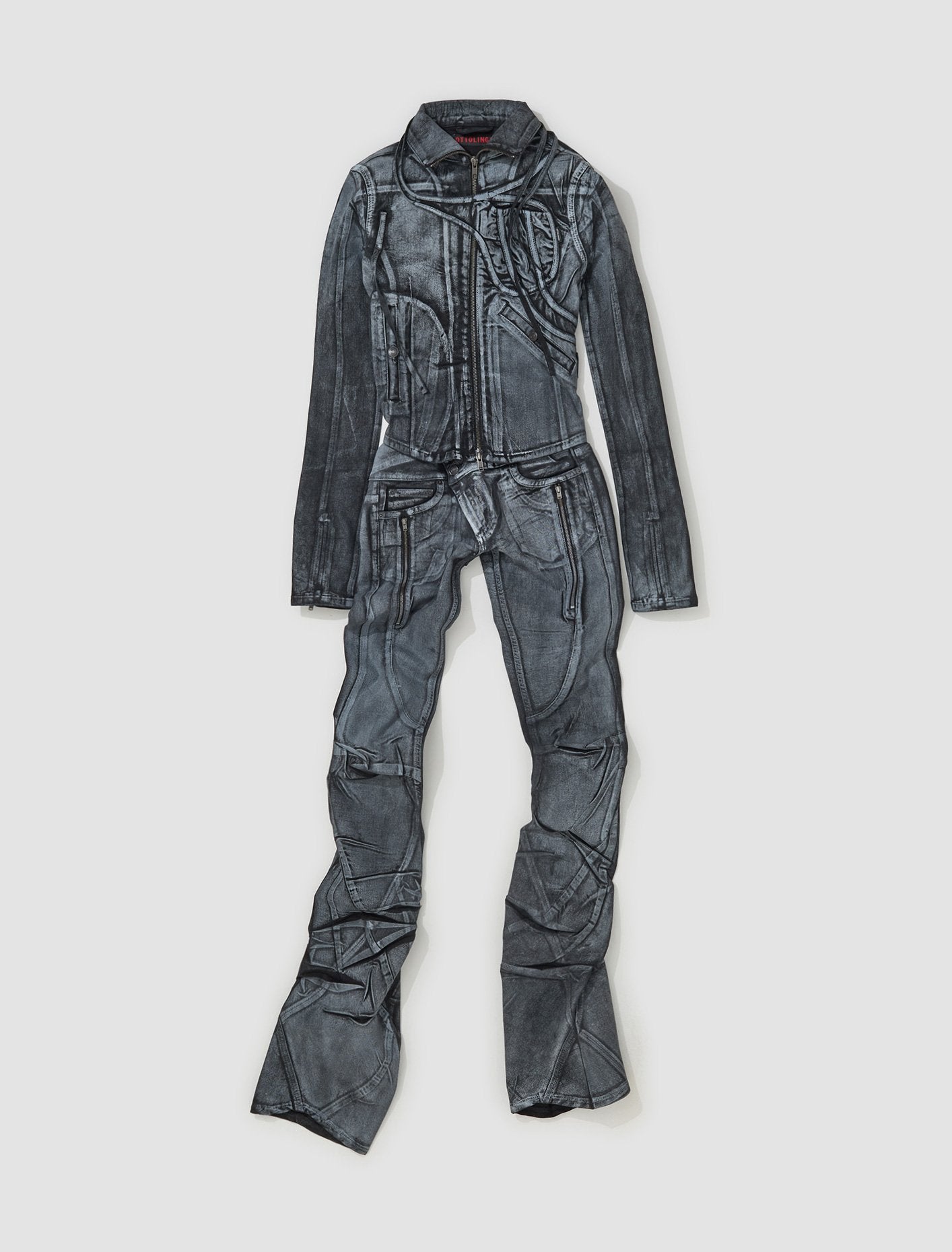 Big Waistband Drape Denim Pants in Black & White Paint