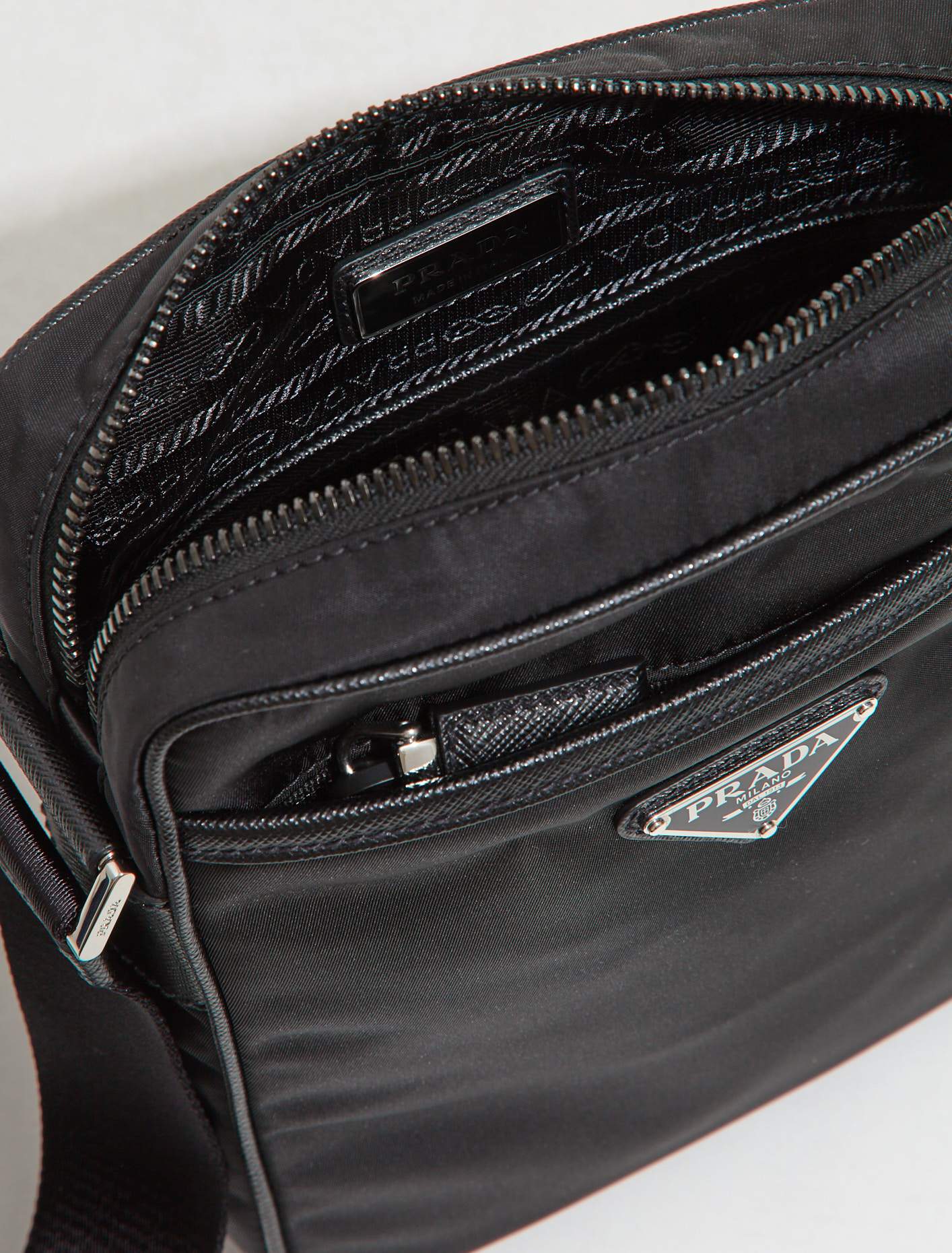 Re-Nylon and Saffiano Leather Messenger Bag in Black