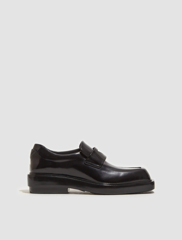 Brushed Leather Square Toe Loafers in Black