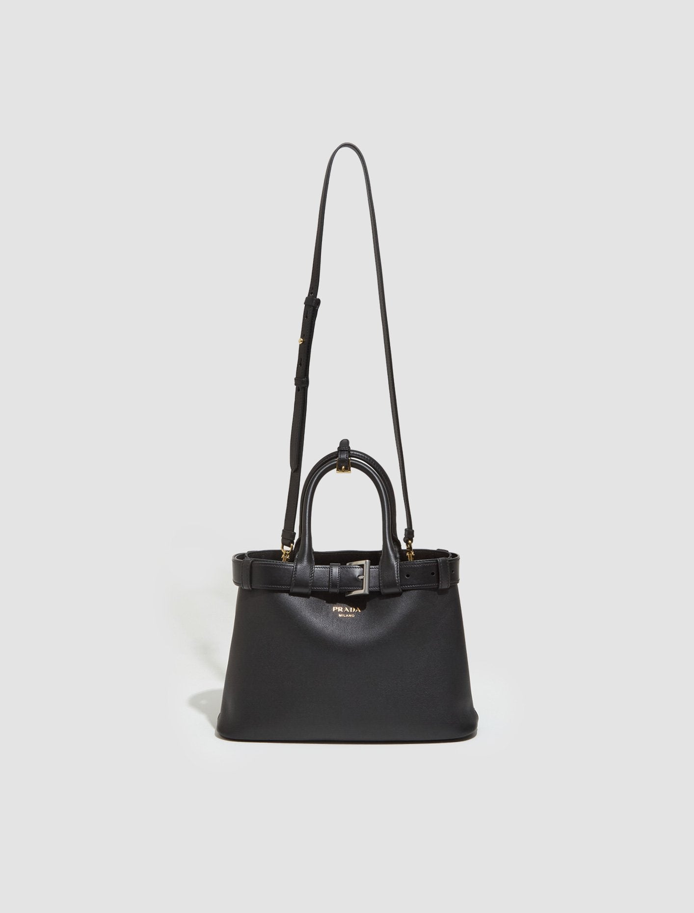 Buckle Medium Leather Handbag With Belt in Black