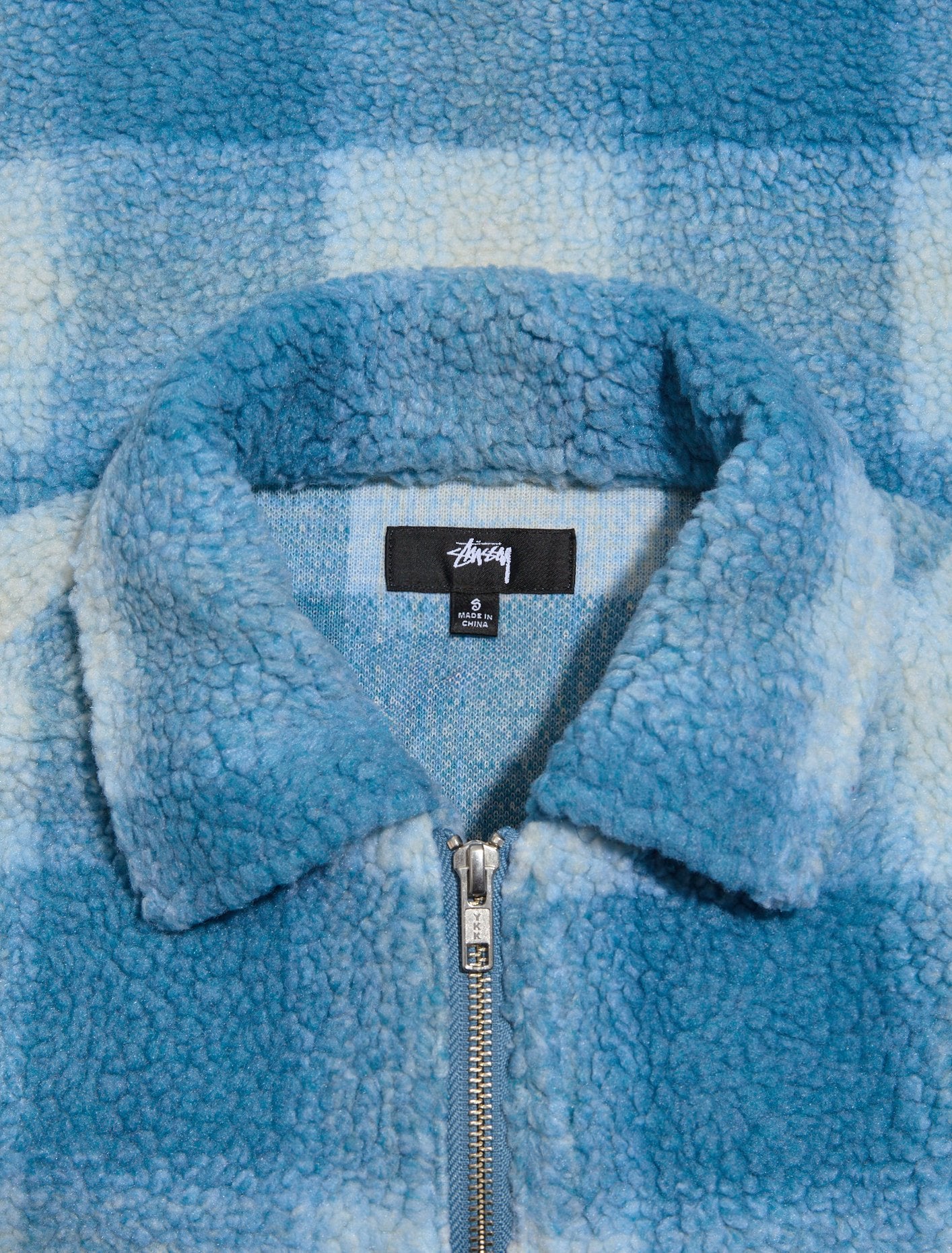 Shadow Plaid Sherpa Zip Shirt in Light Blue