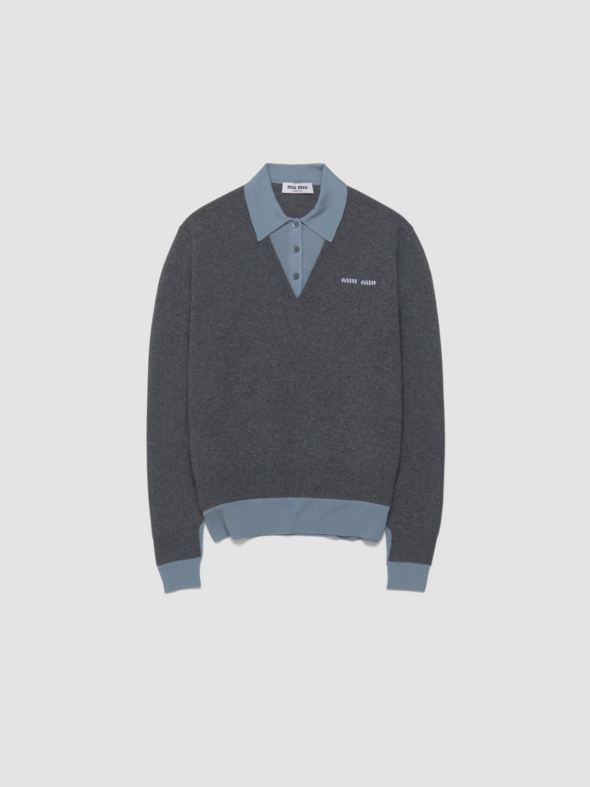 Cashmere Wool Knitted Polo in Grey & Dark Blue