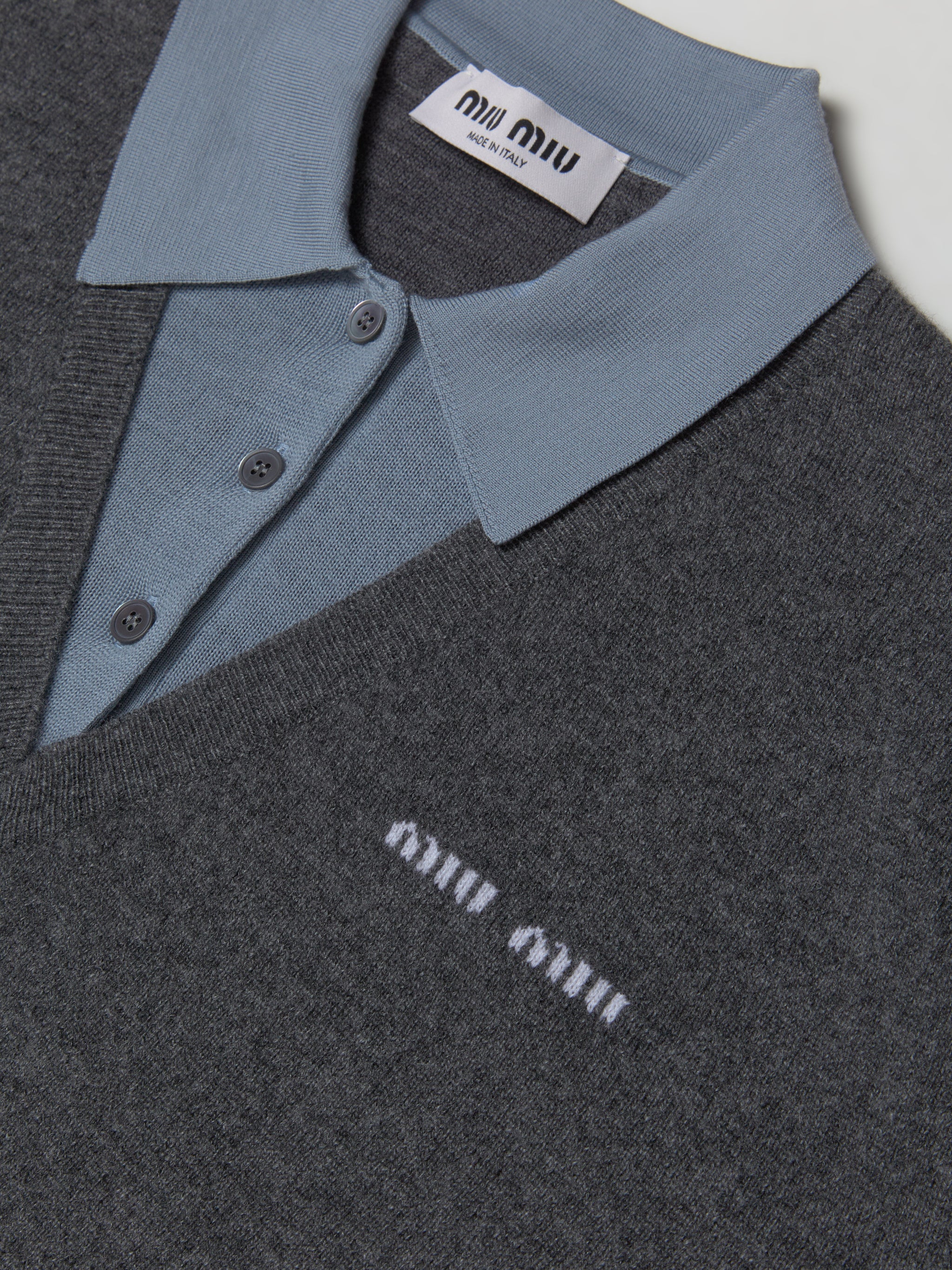 Cashmere Wool Knitted Polo in Grey & Dark Blue