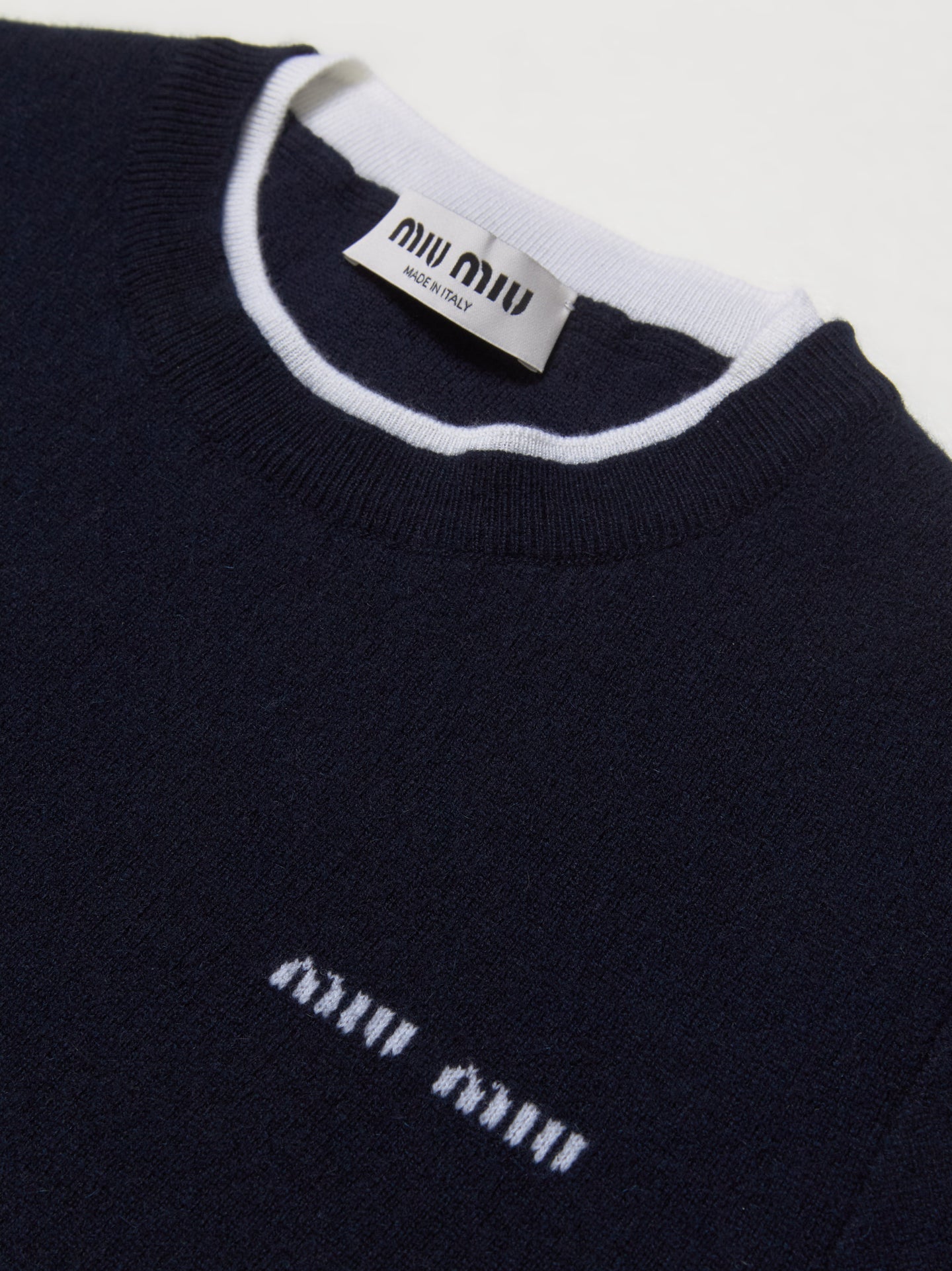 Cashmere Wool Short Sleeve Sweater in Blue & White