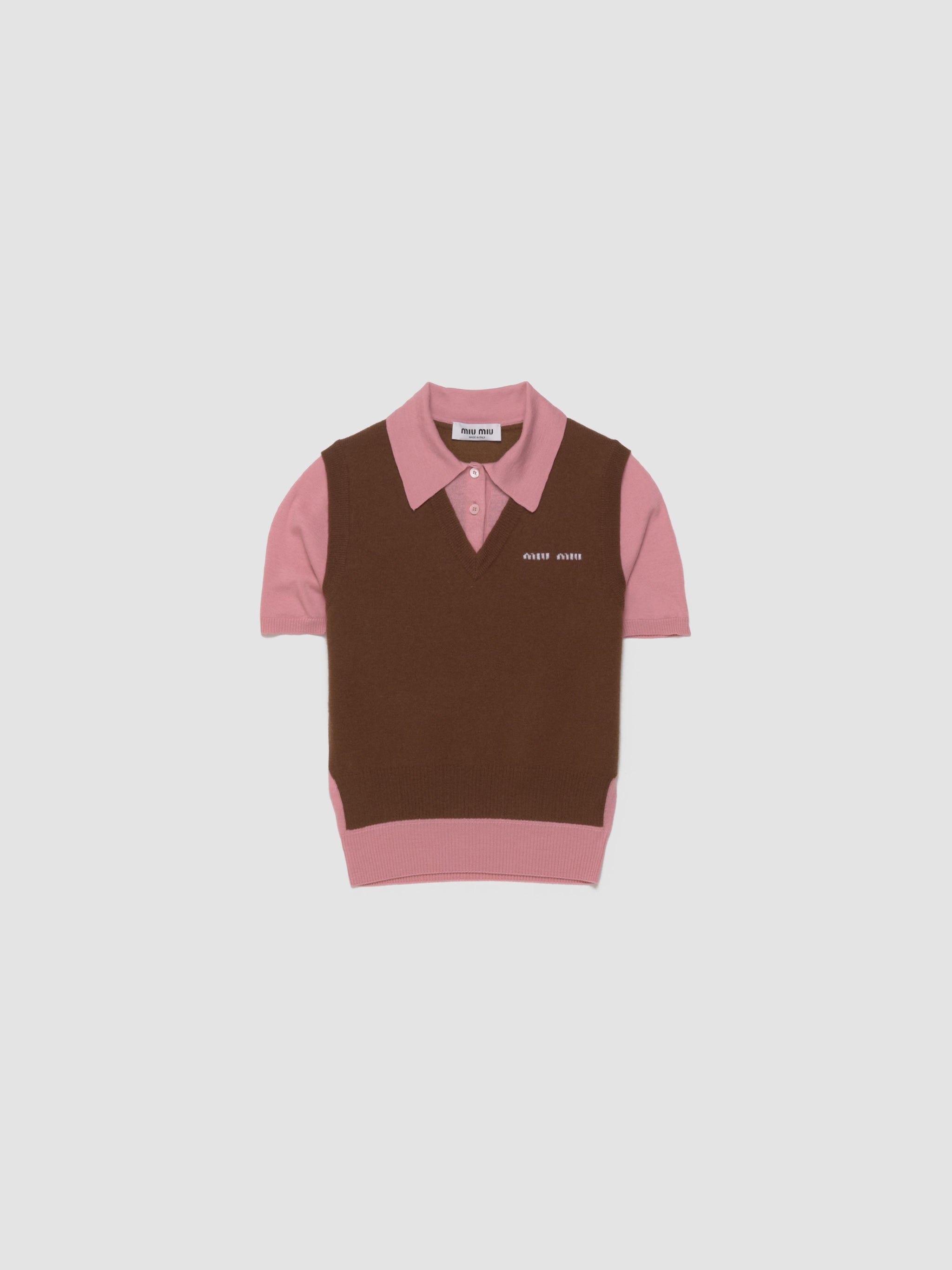 Cashmere Wool Knitted Polo in Tabacco & Pink