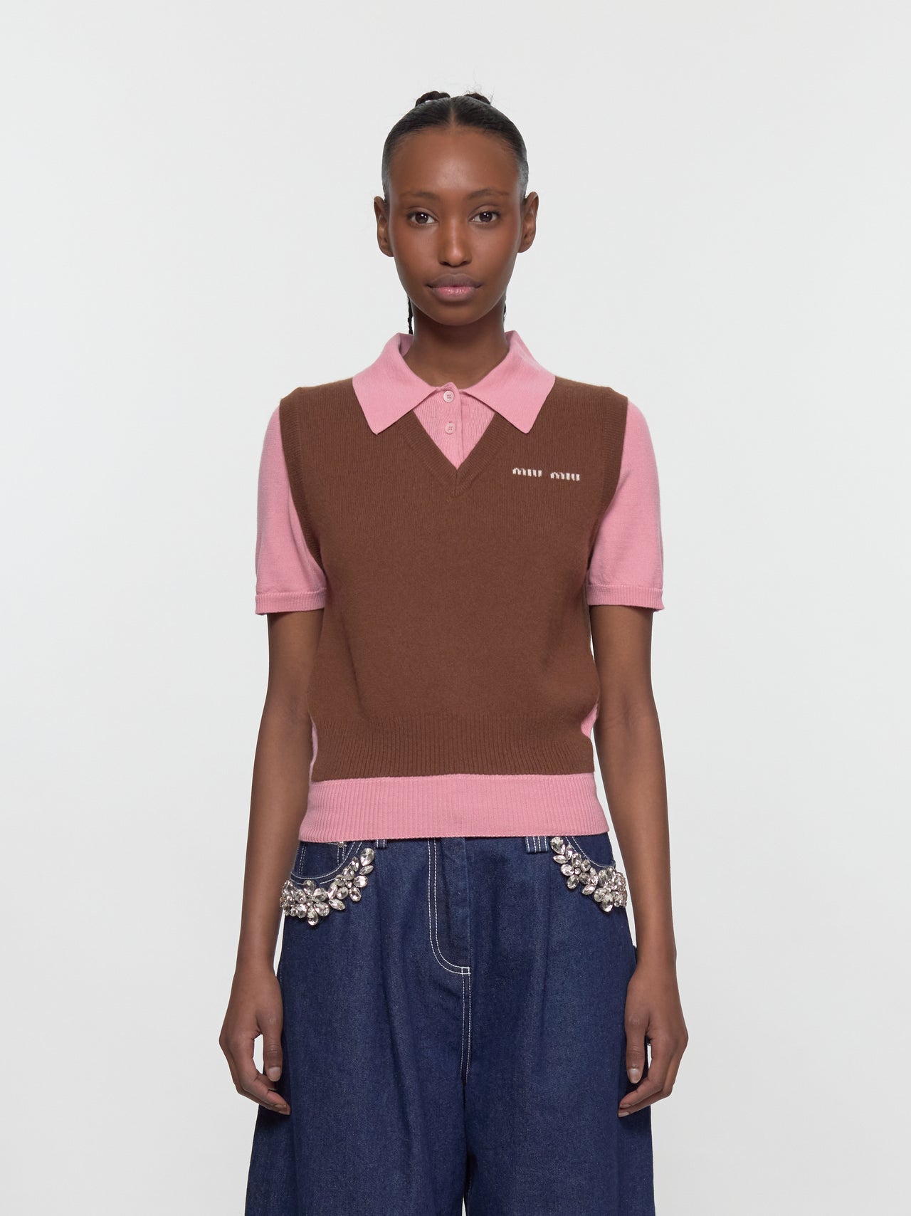 Cashmere Wool Knitted Polo in Tabacco & Pink