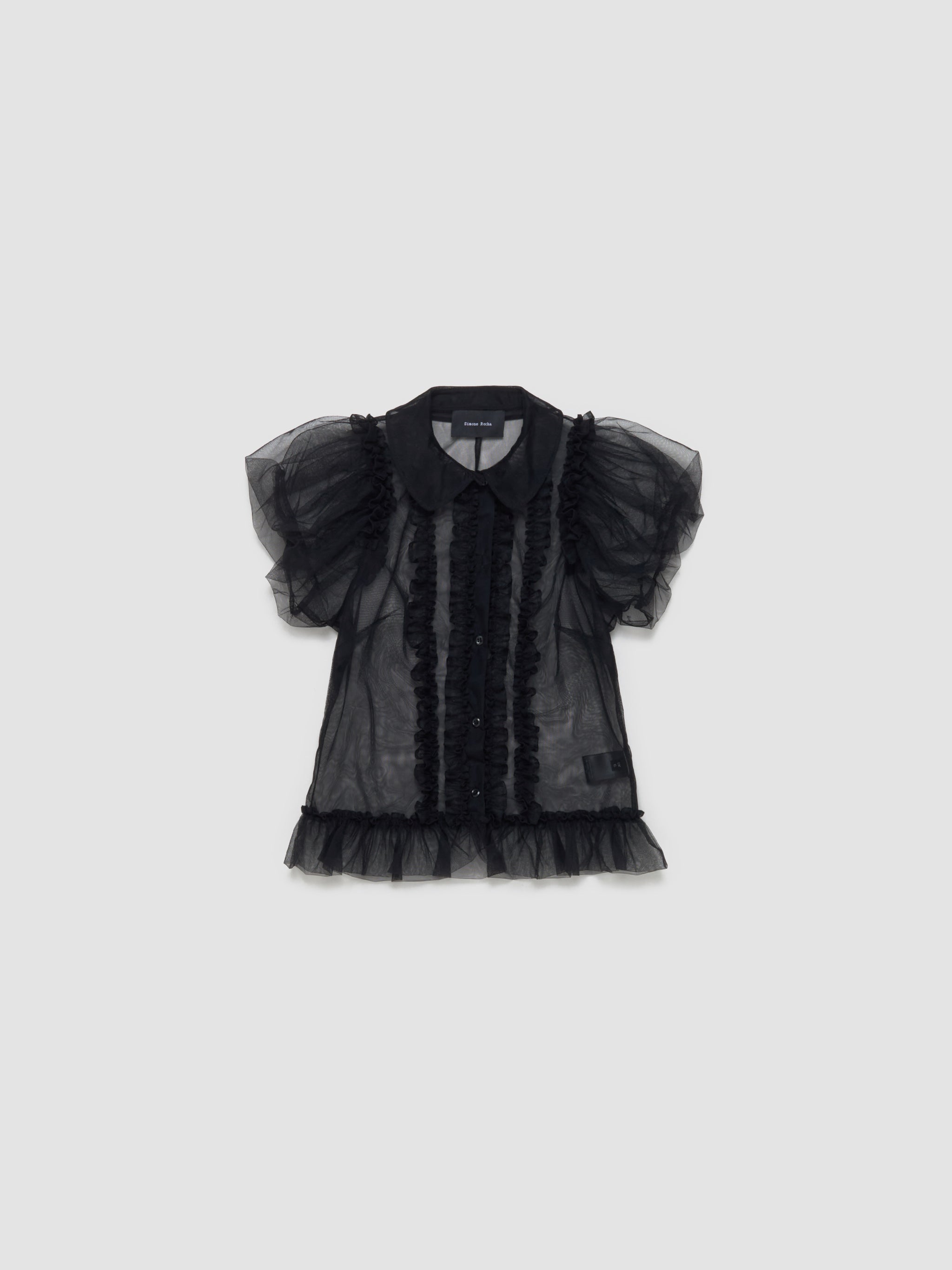 Sheer Puff Sleeve Multi Ruffle Frill Shirt in Black