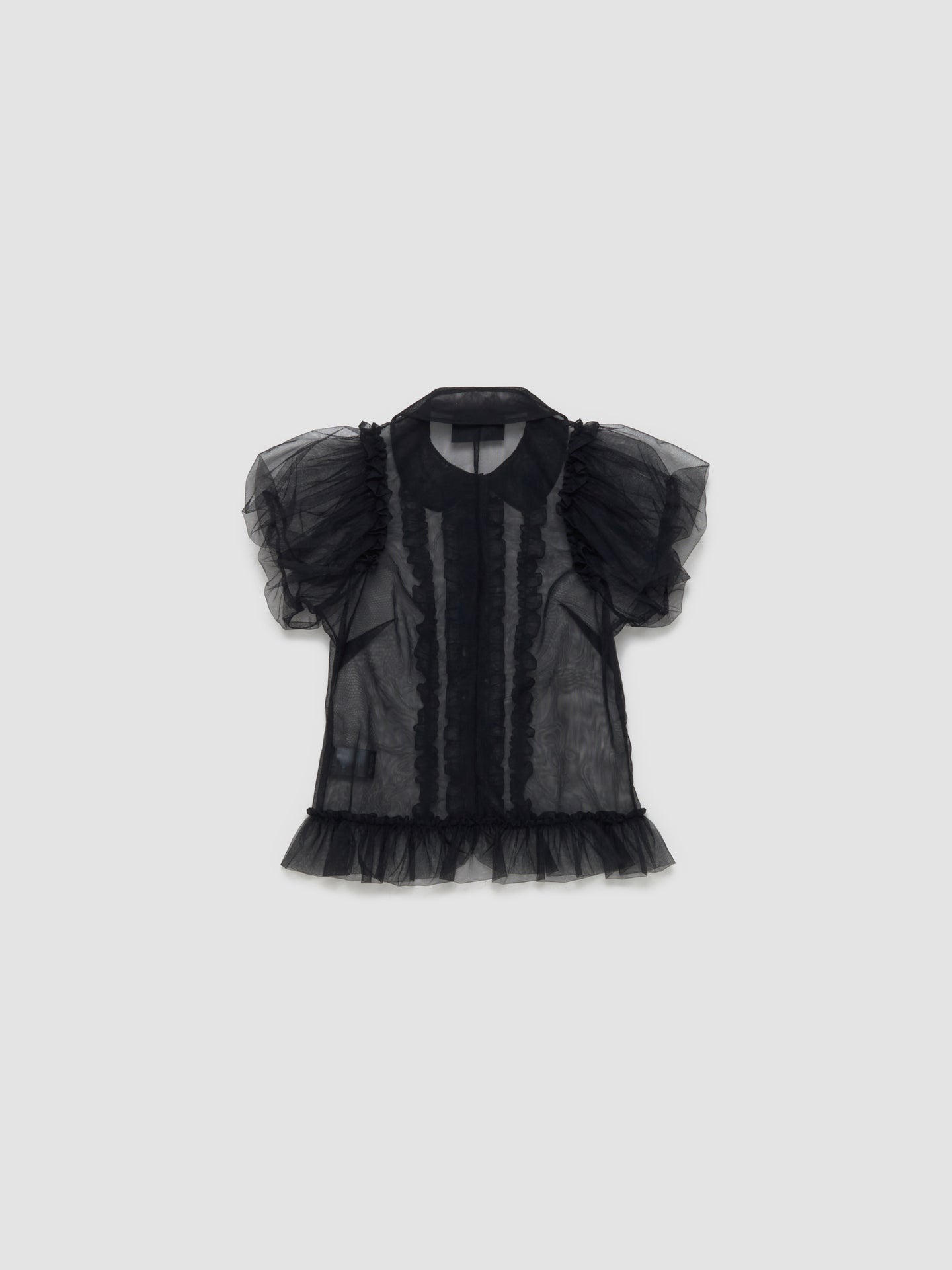 Sheer Puff Sleeve Multi Ruffle Frill Shirt in Black