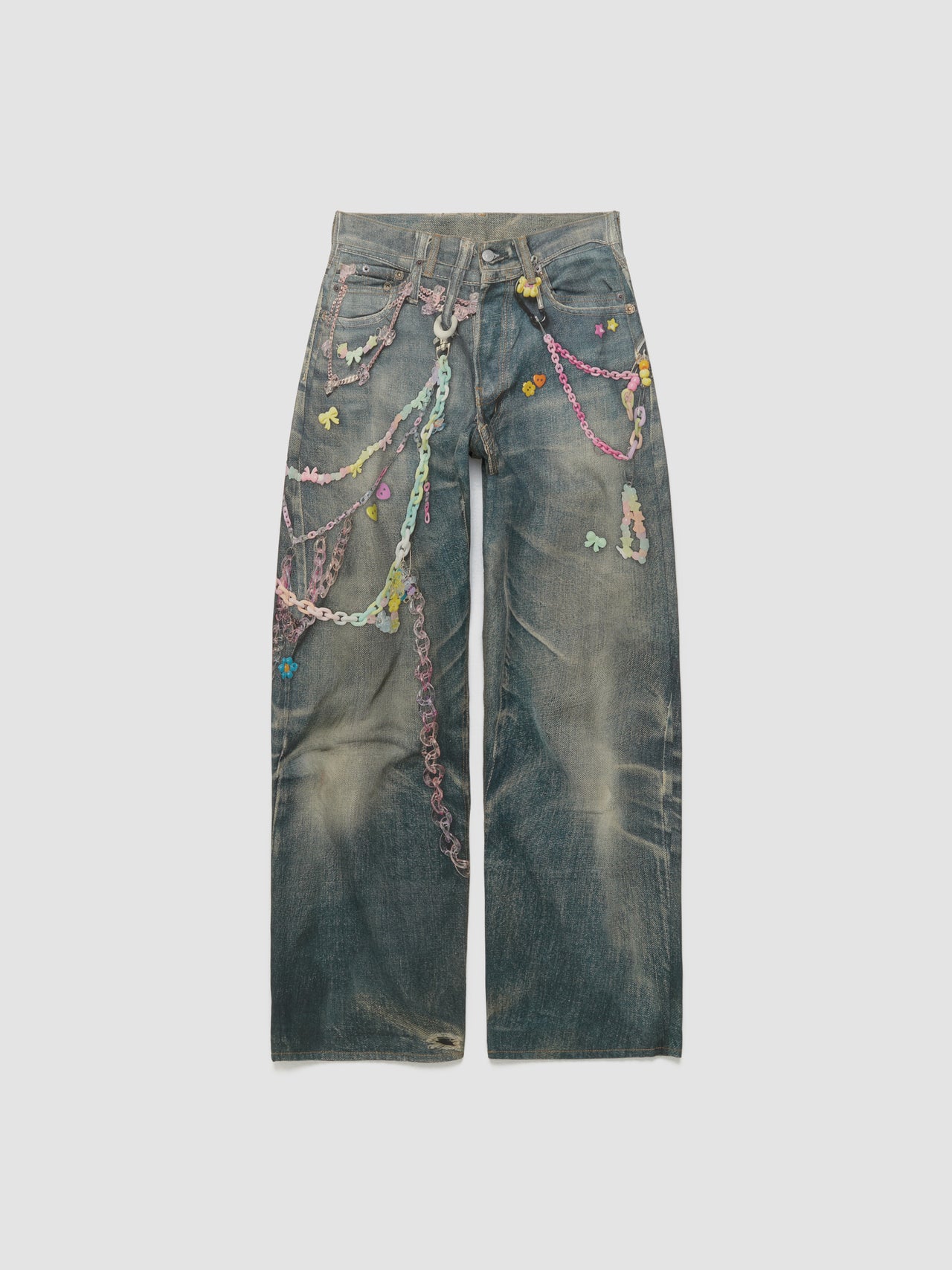 Printed Denim Trousers in Mid Blue