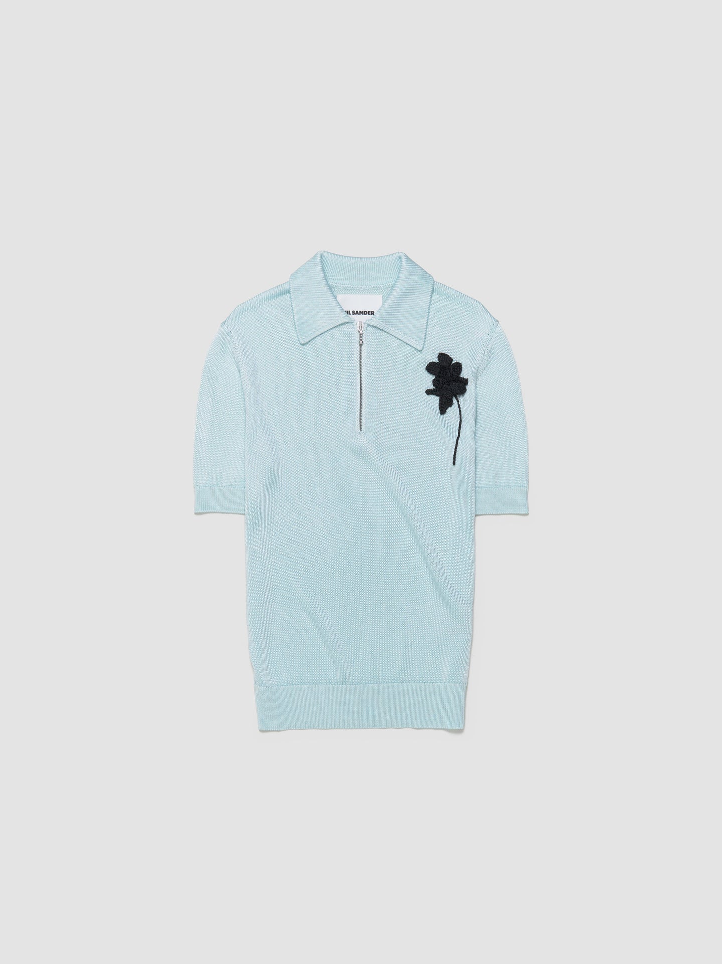 Knit Polo Shirt with Crochet Flower in Powder Blue