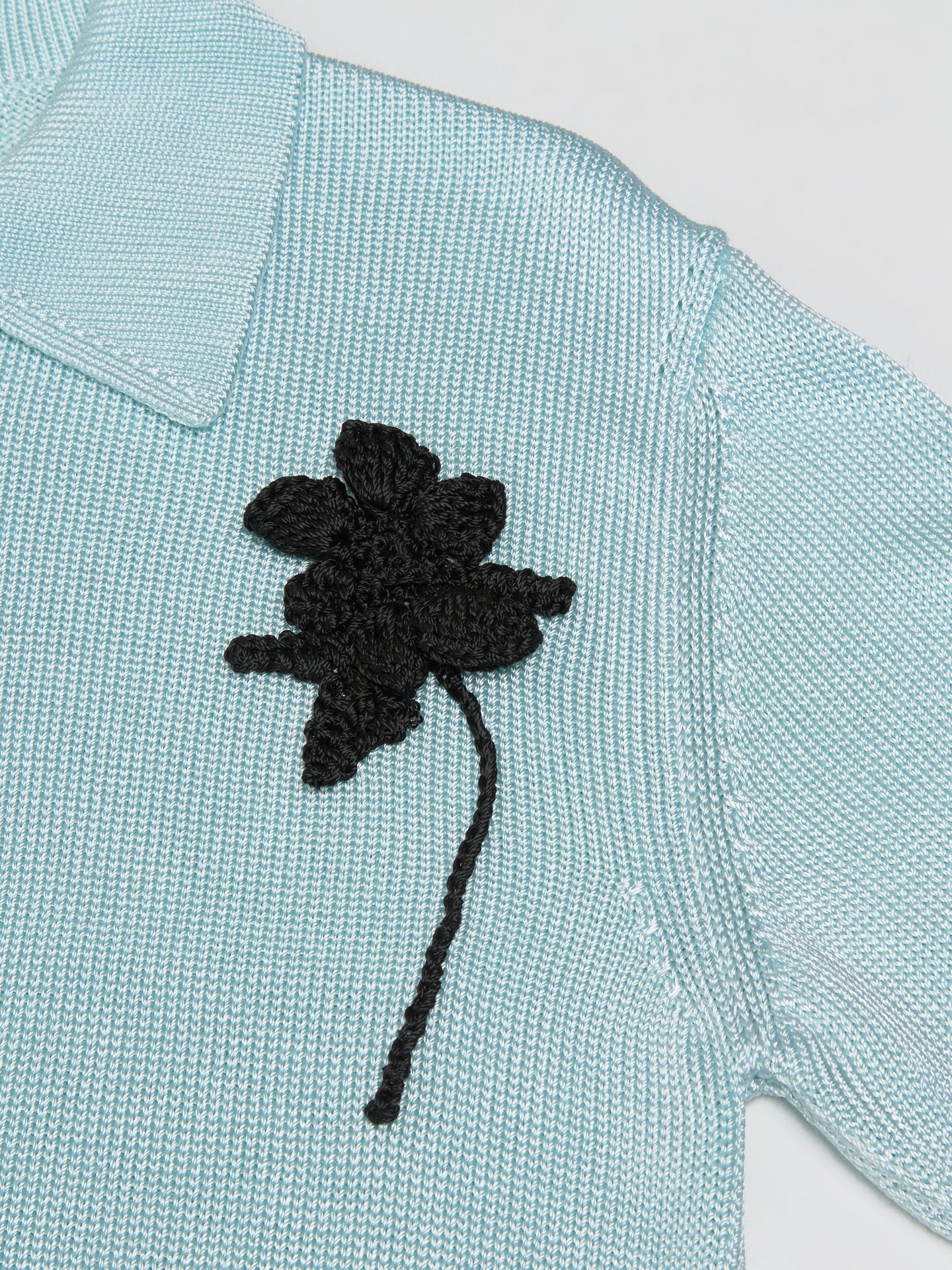 Knit Polo Shirt with Crochet Flower in Powder Blue