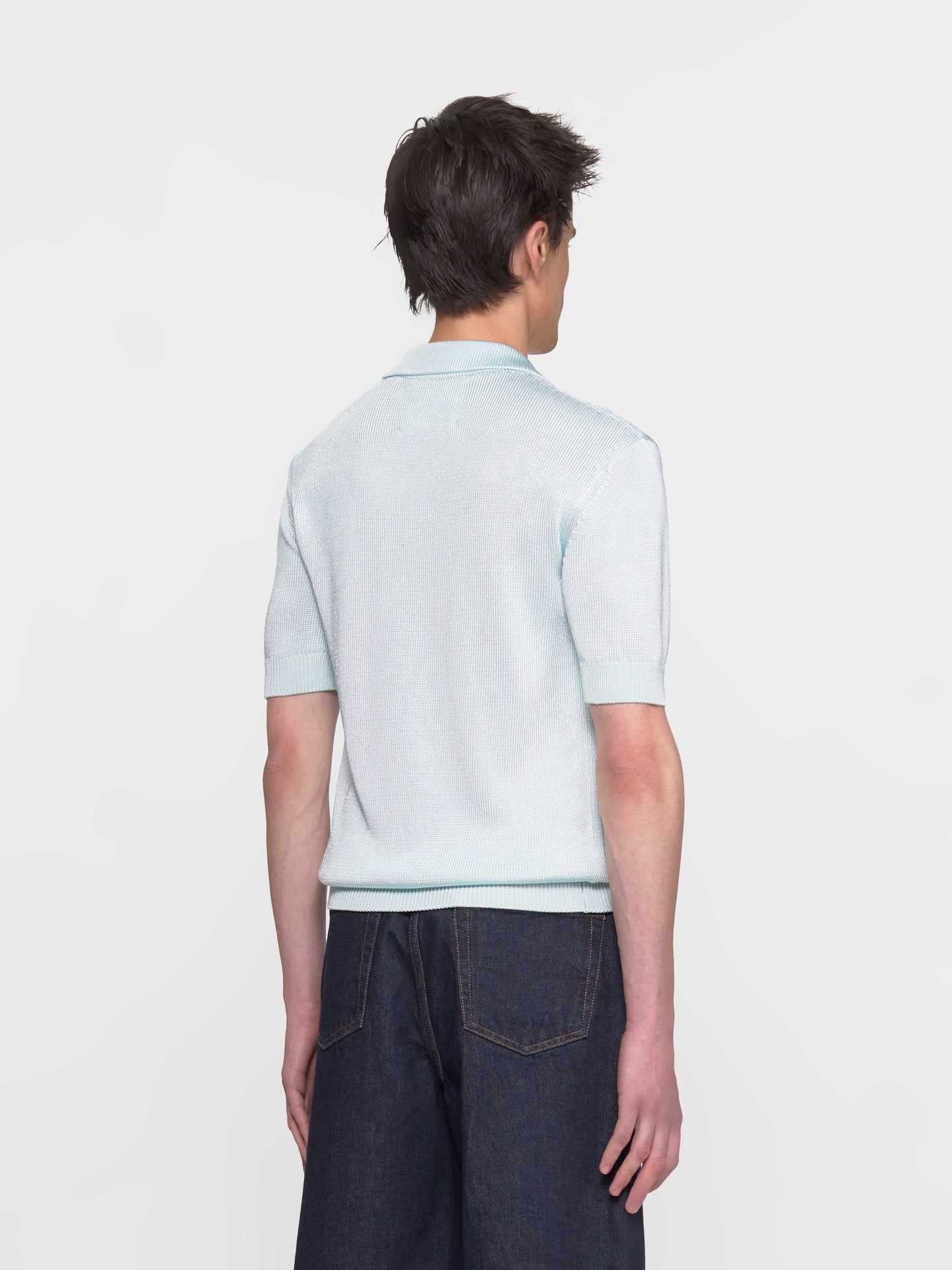Knit Polo Shirt with Crochet Flower in Powder Blue