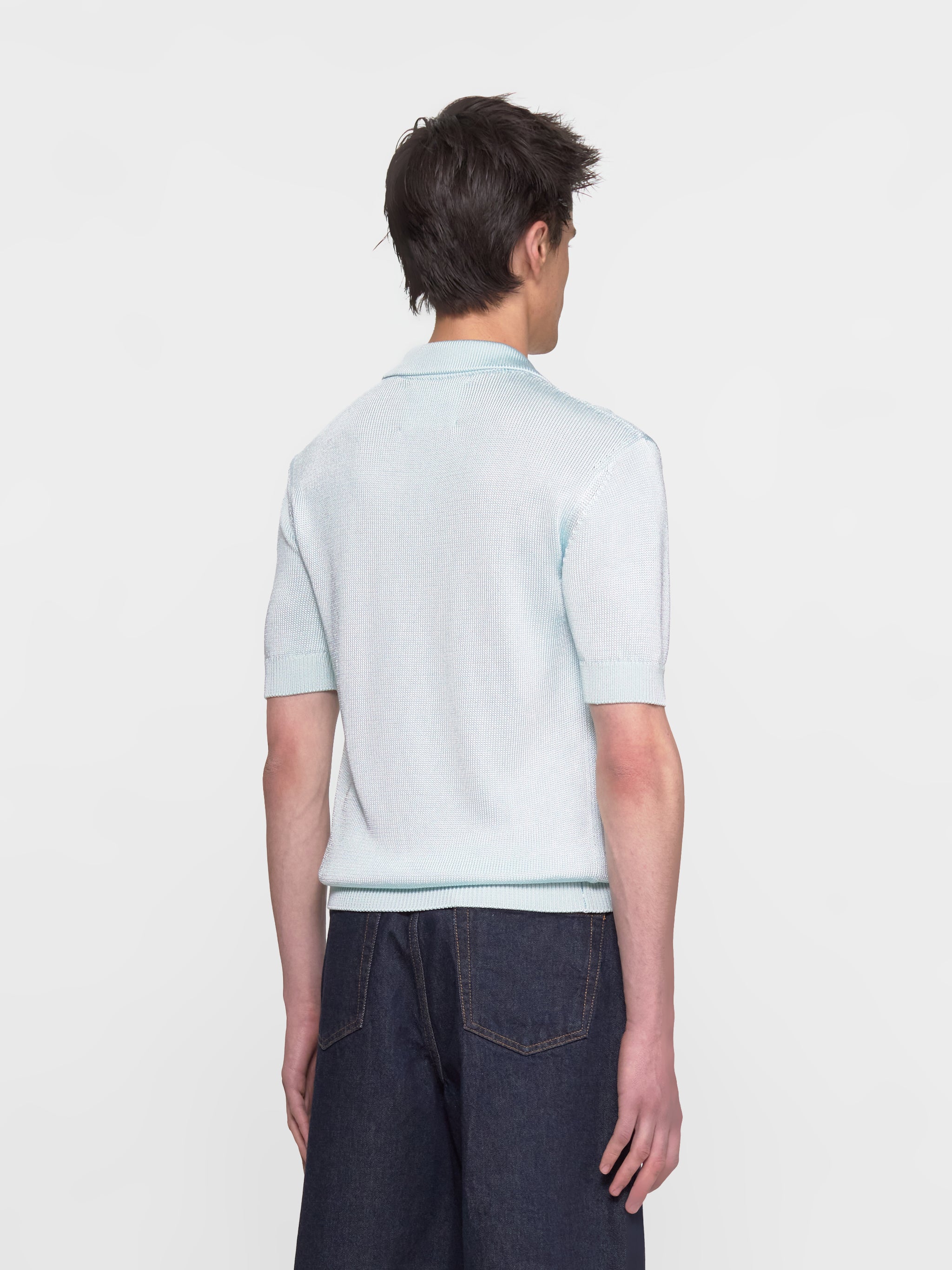 Knit Polo Shirt with Crochet Flower in Powder Blue